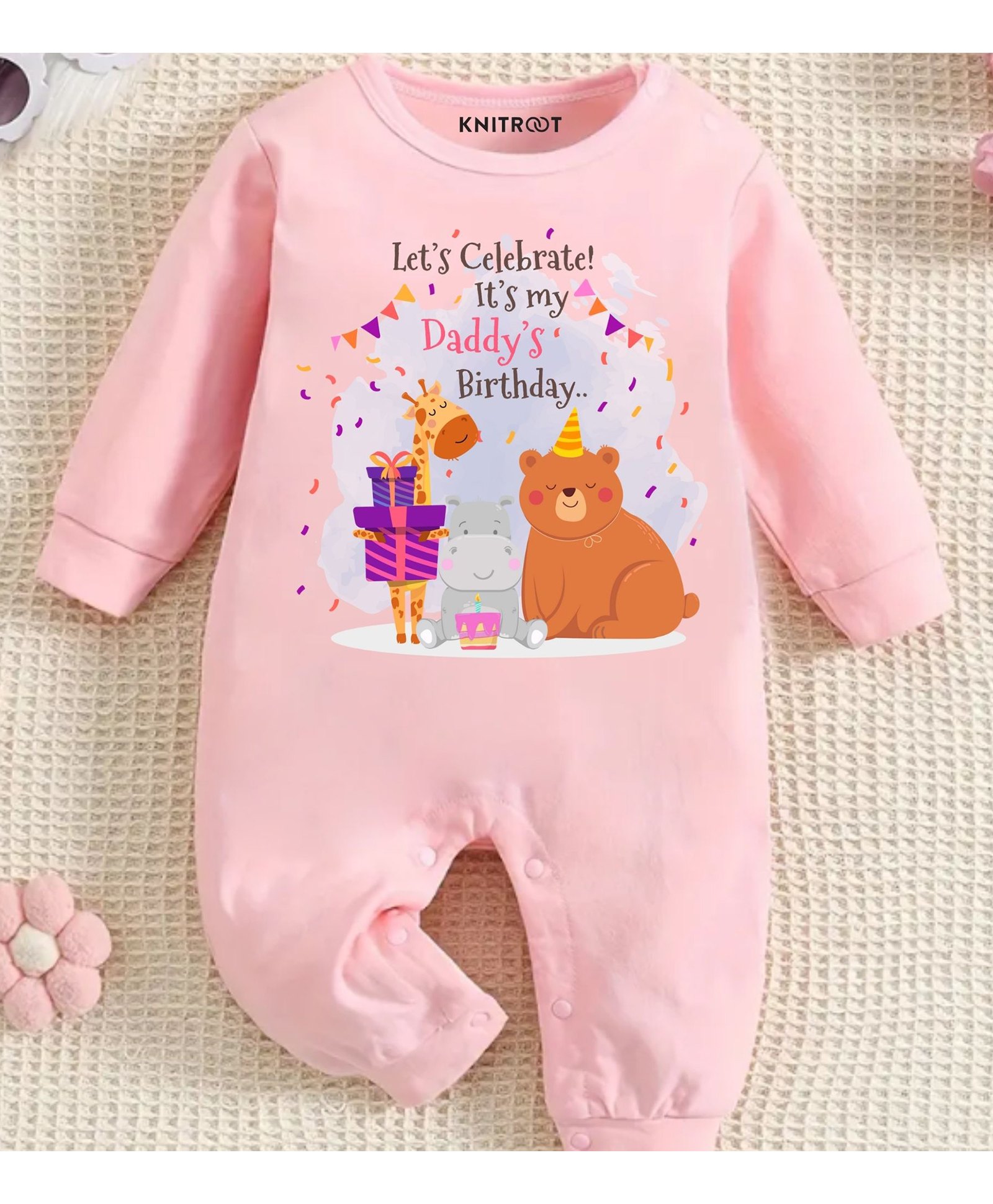 KNITROOT Dad Birthday Theme Full Sleeves Lets Celebrate Its My Daddys Text Printed Romper - Pink-image-49