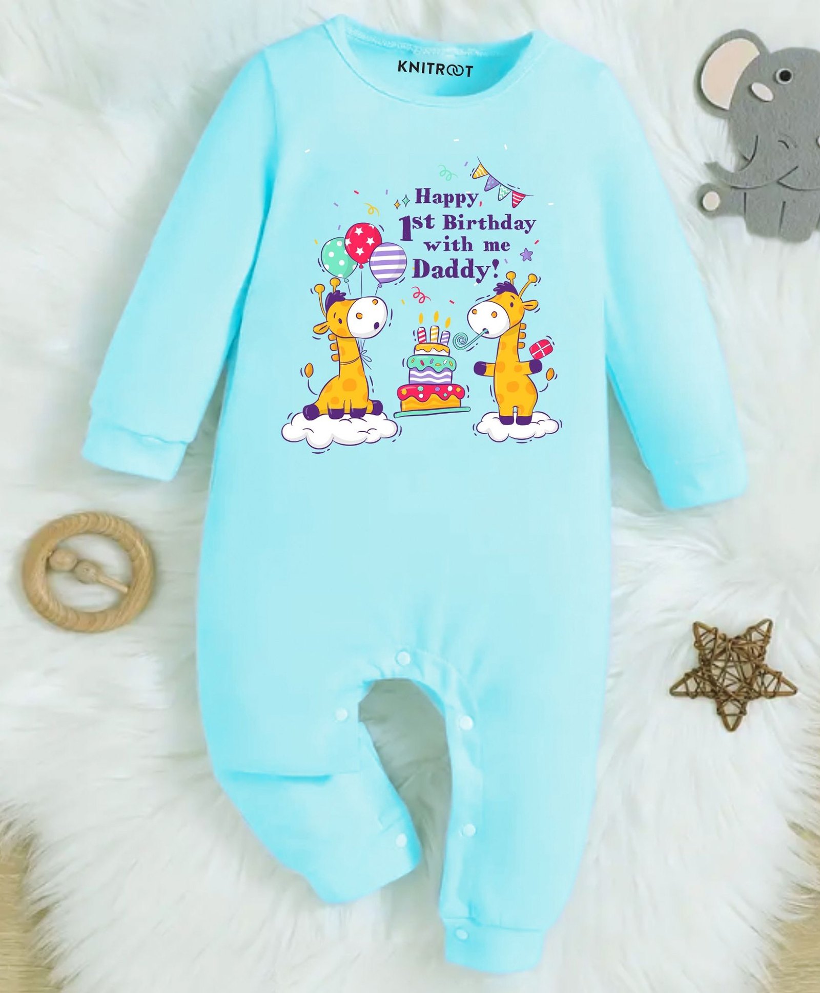 KNITROOT Dad Birthday Theme Full Sleeves Happy 1st Birthday With Me Daddy Text Printed Romper - Blue-image-39