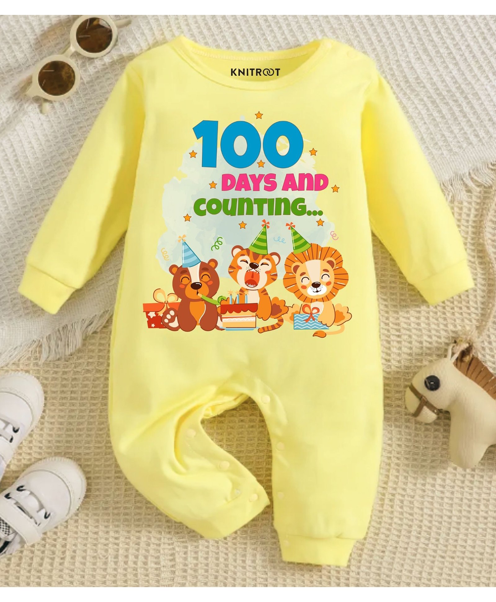 KNITROOT Milestone Theme Full Sleeves 100 Days And Counting Text Printed Romper - Yellow-image-1