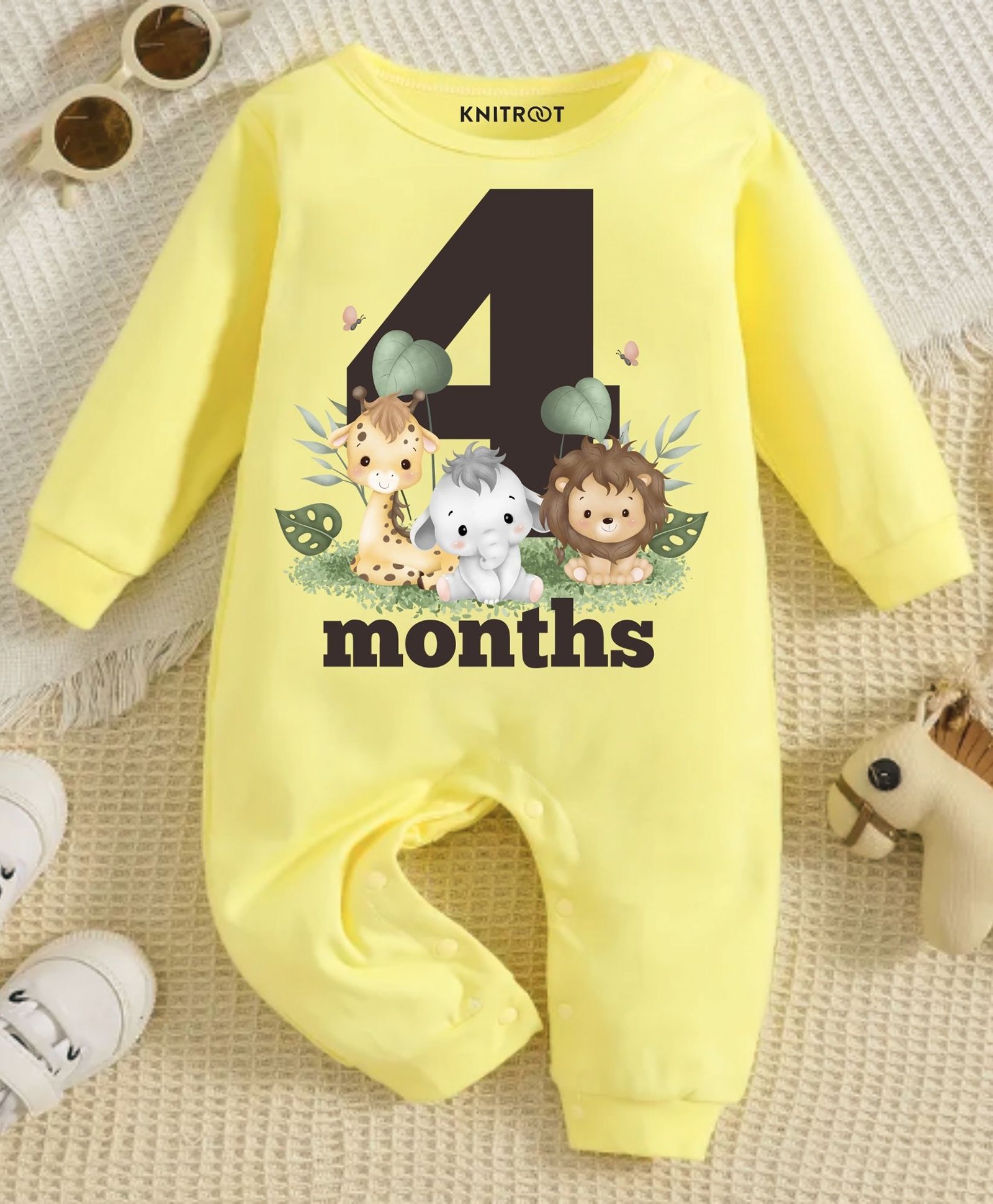 KNITROOT Mix Animal Theme Full Sleeves 4 Month Text Printed Romper - Yellow-image-29