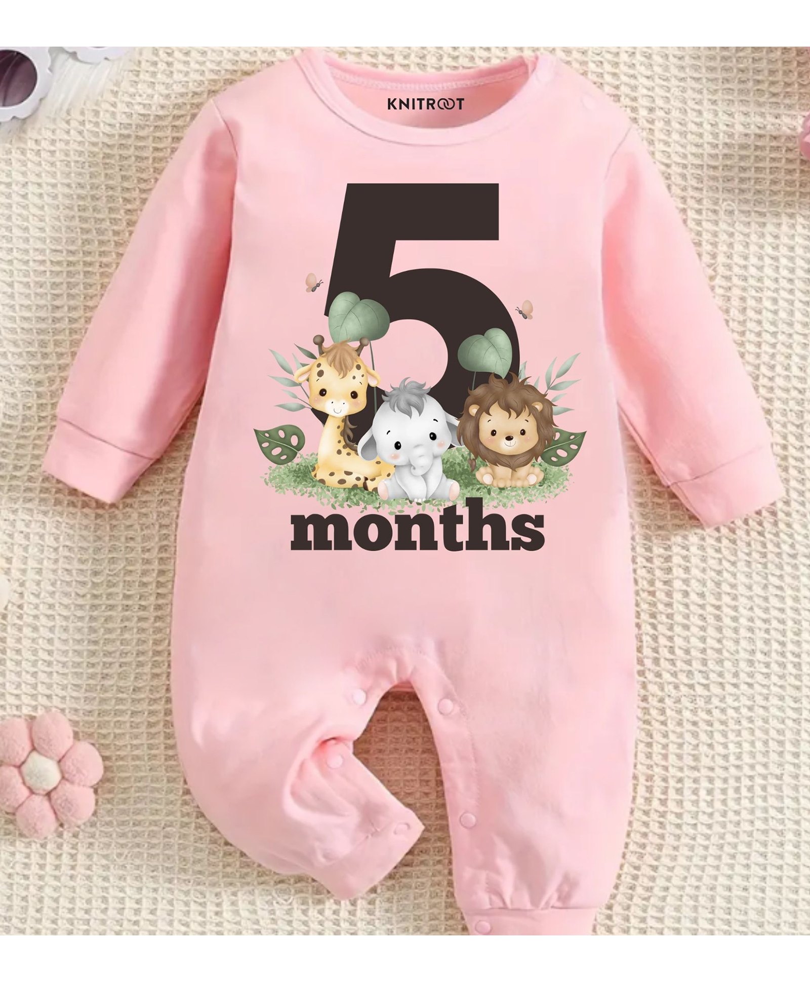 KNITROOT Mix Animal Theme Full Sleeves 5 Month Text Printed Romper - Pink-image-31