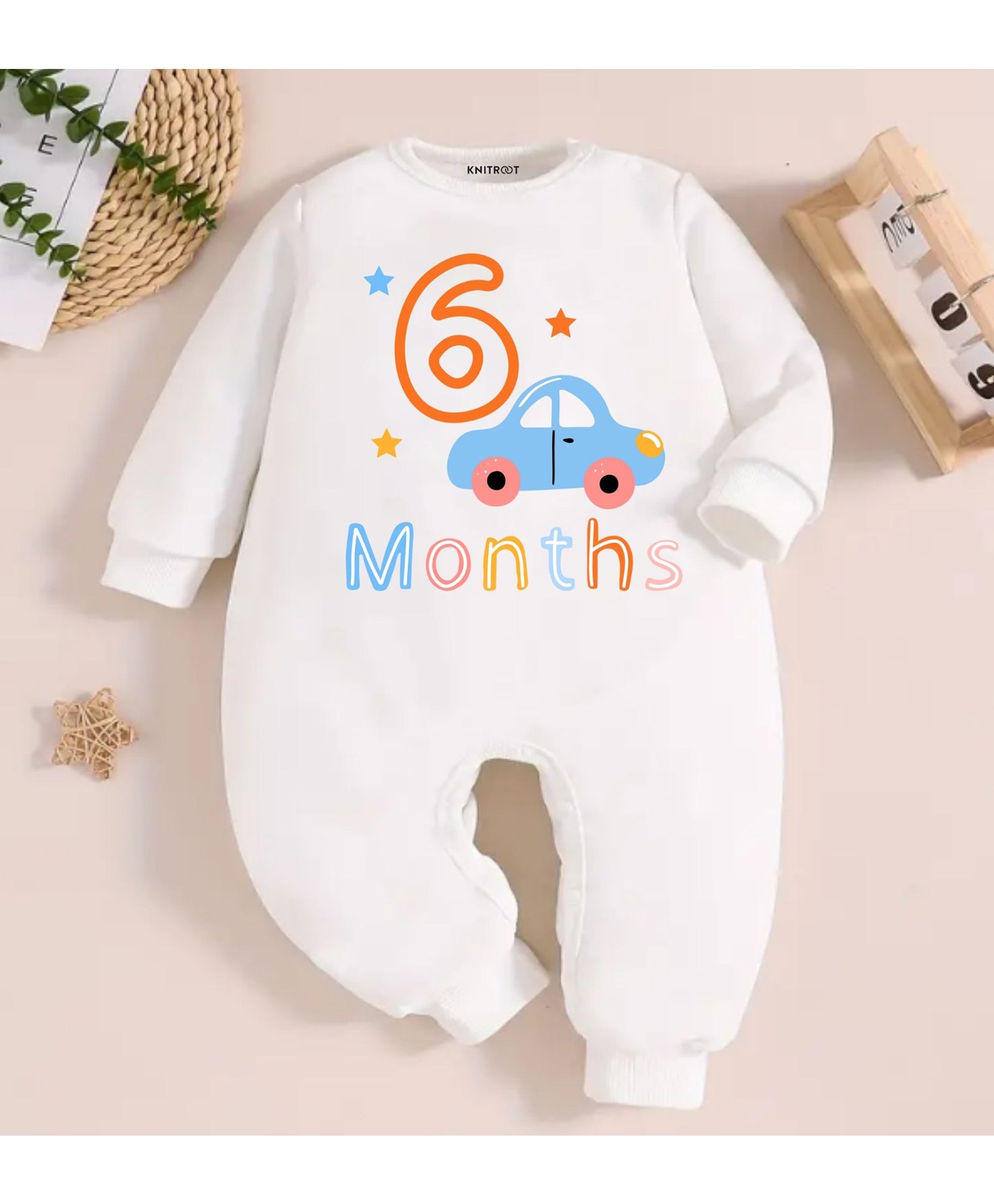 KNITROOT Car Theme Cotton Full Sleeves 6 Months Text Printed Romper - White-image-14