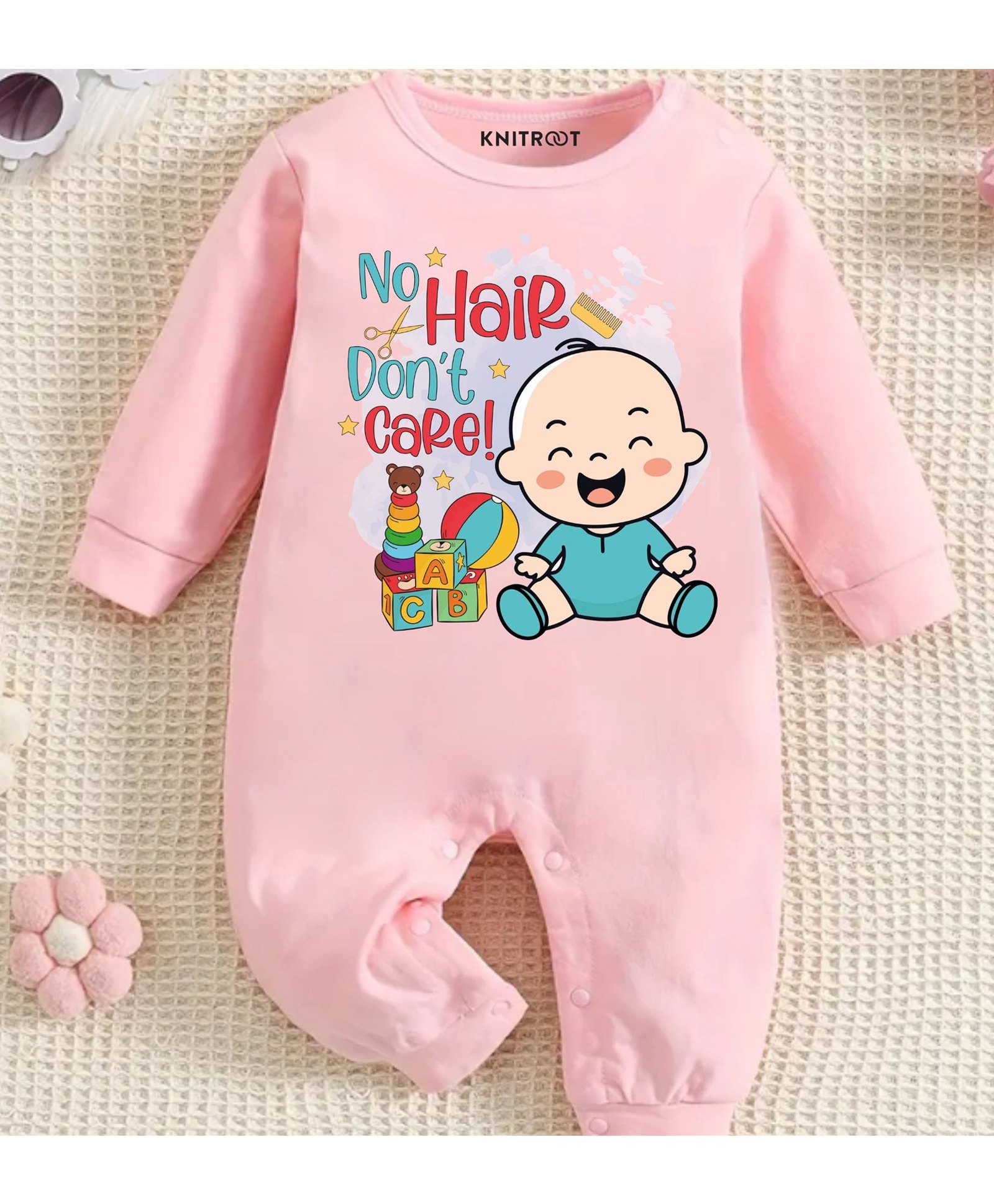 KNITROOT Mundan Theme Cotton Full Sleeves No Hair Dont Care Text Printed Romper - Pink-image-1