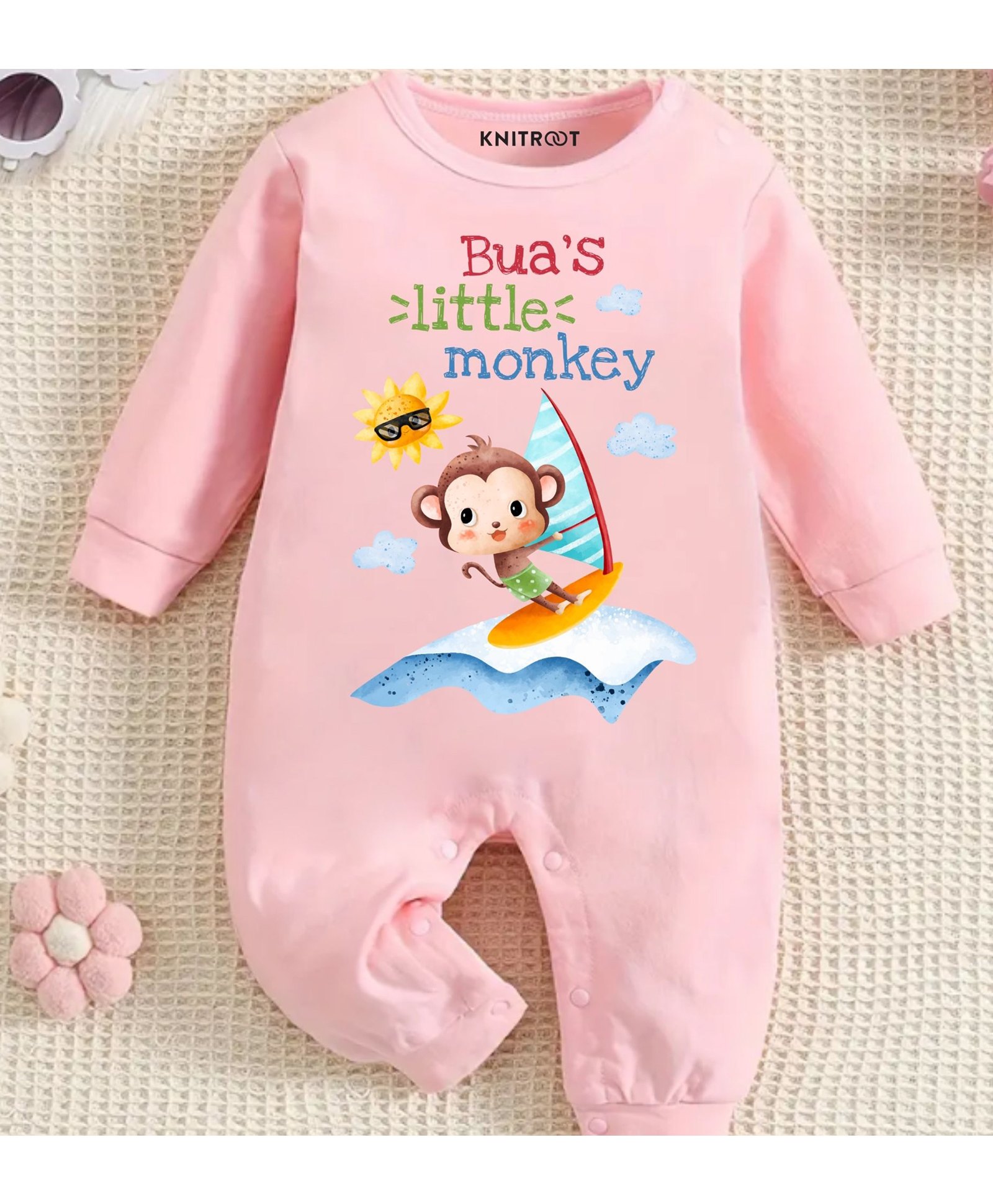 KNITROOT Bua Theme Cotton Full Sleeves BuaS Little Monkey Text Printed Romper - Pink-image-48