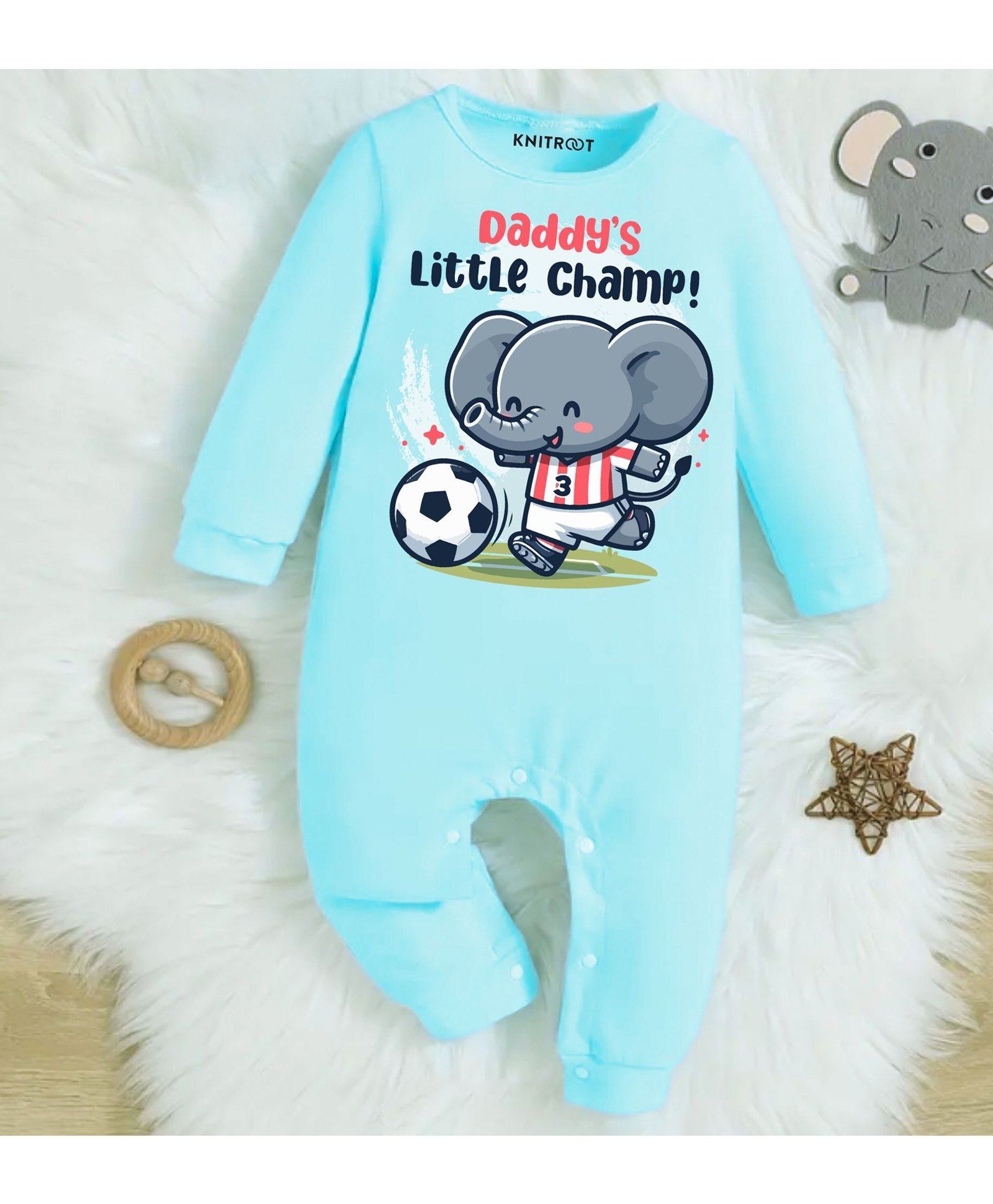 KNITROOT Dad Theme Cotton Full Sleeves DaddyS Little Champ Text Printed Romper - Blue-image-34