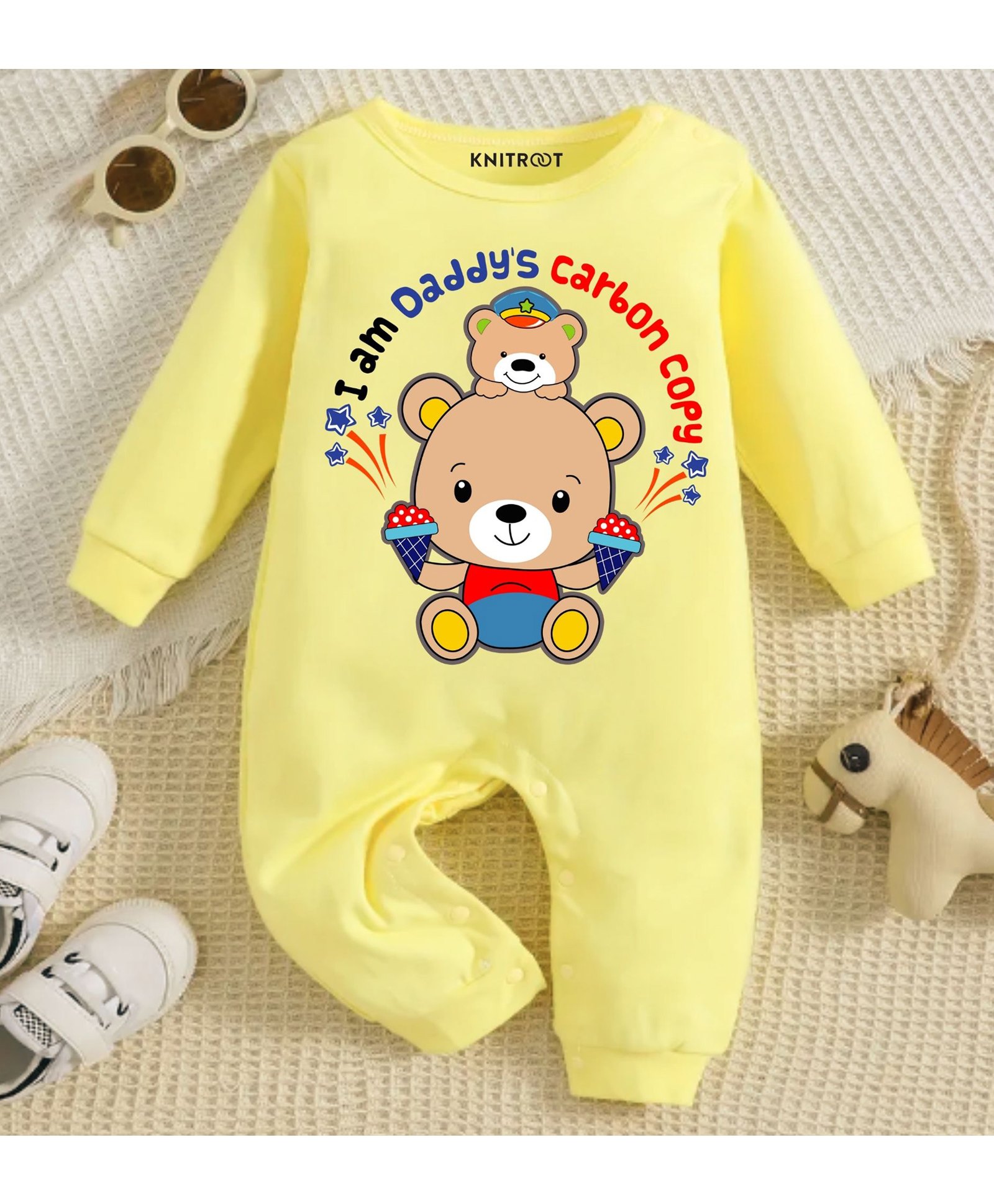 KNITROOT Dad Theme Cotton Full Sleeves I Am DaddyS Carbon Copy Text Printed Romper - Yellow-image-39