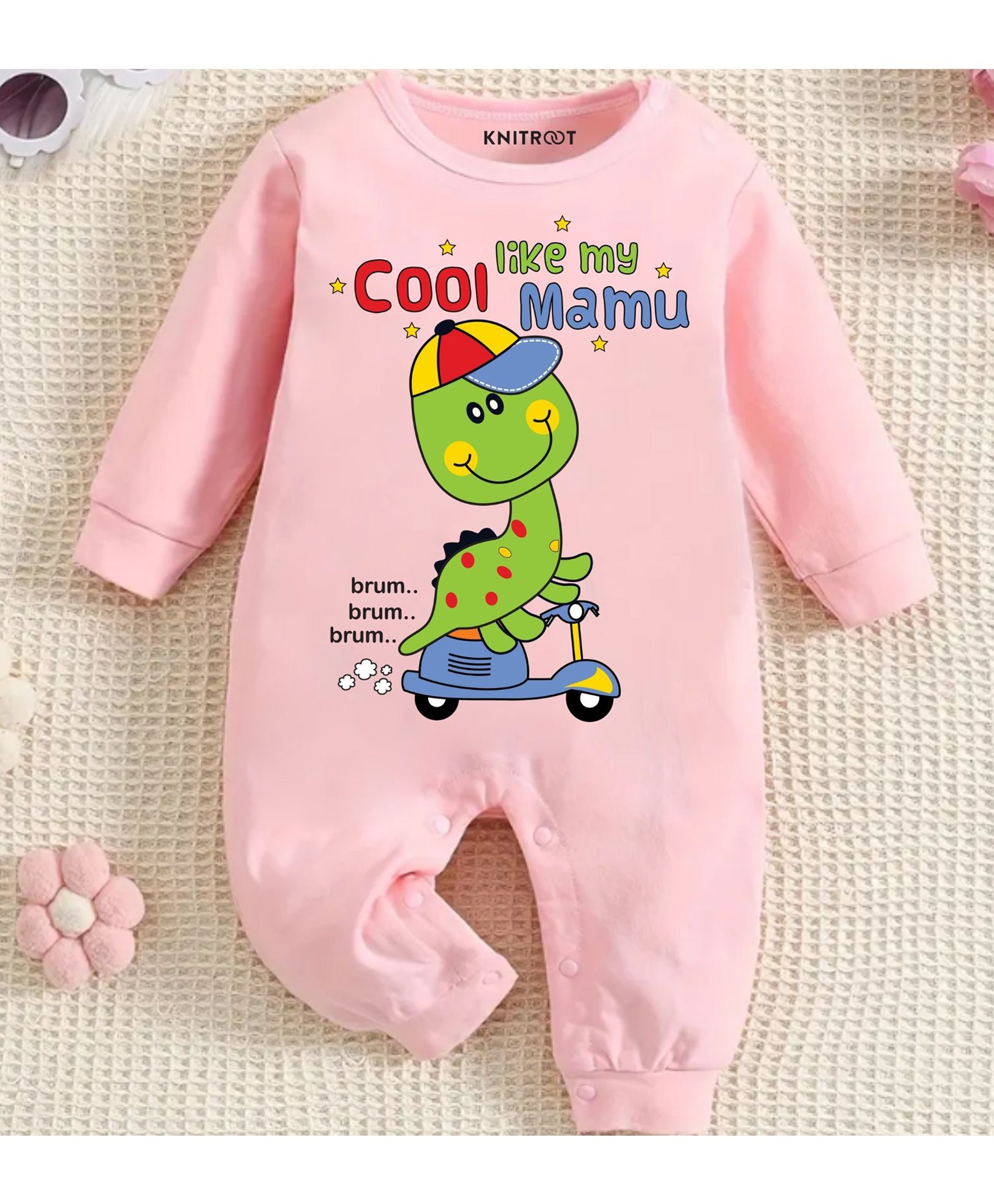 KNITROOT Cotton Full Sleeves Dinosaur & Text Printed Romper - Pink-image-0