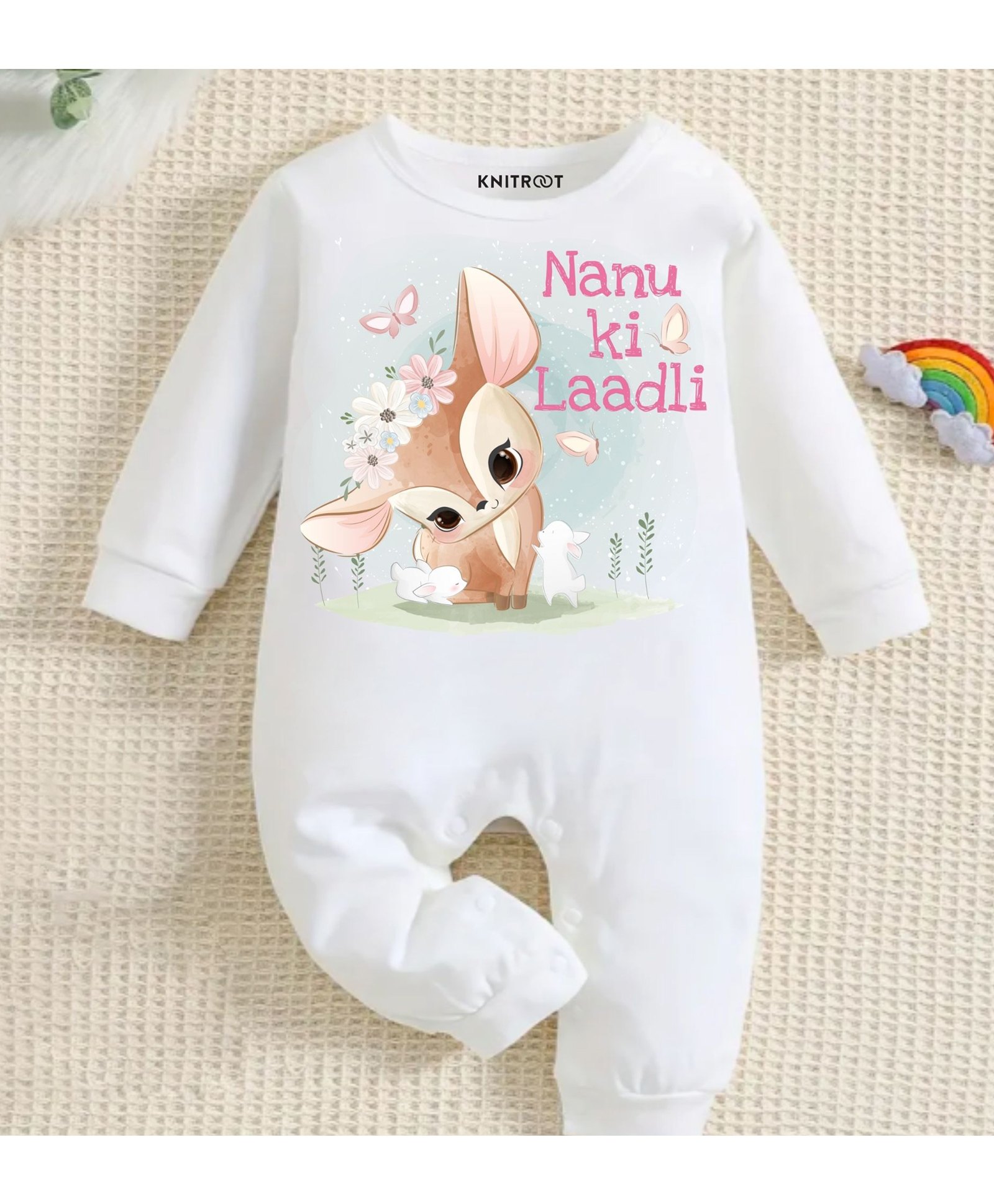 KNITROOT Cotton Full Sleeves Animal & Text Printed Romper - White-image-6