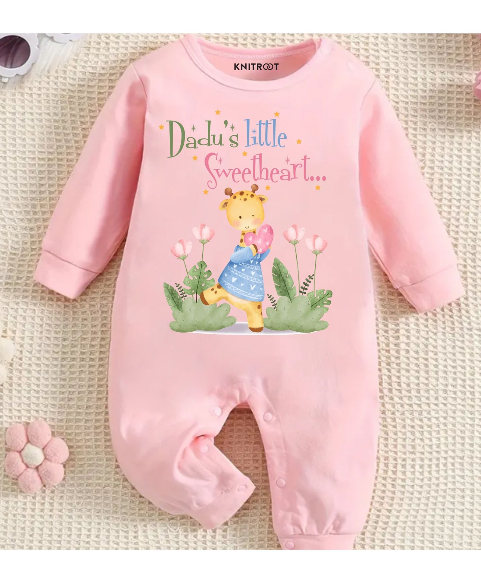 KNITROOT Cotton Full Sleeves Giraffe & Text Printed Romper - Pink-image-46
