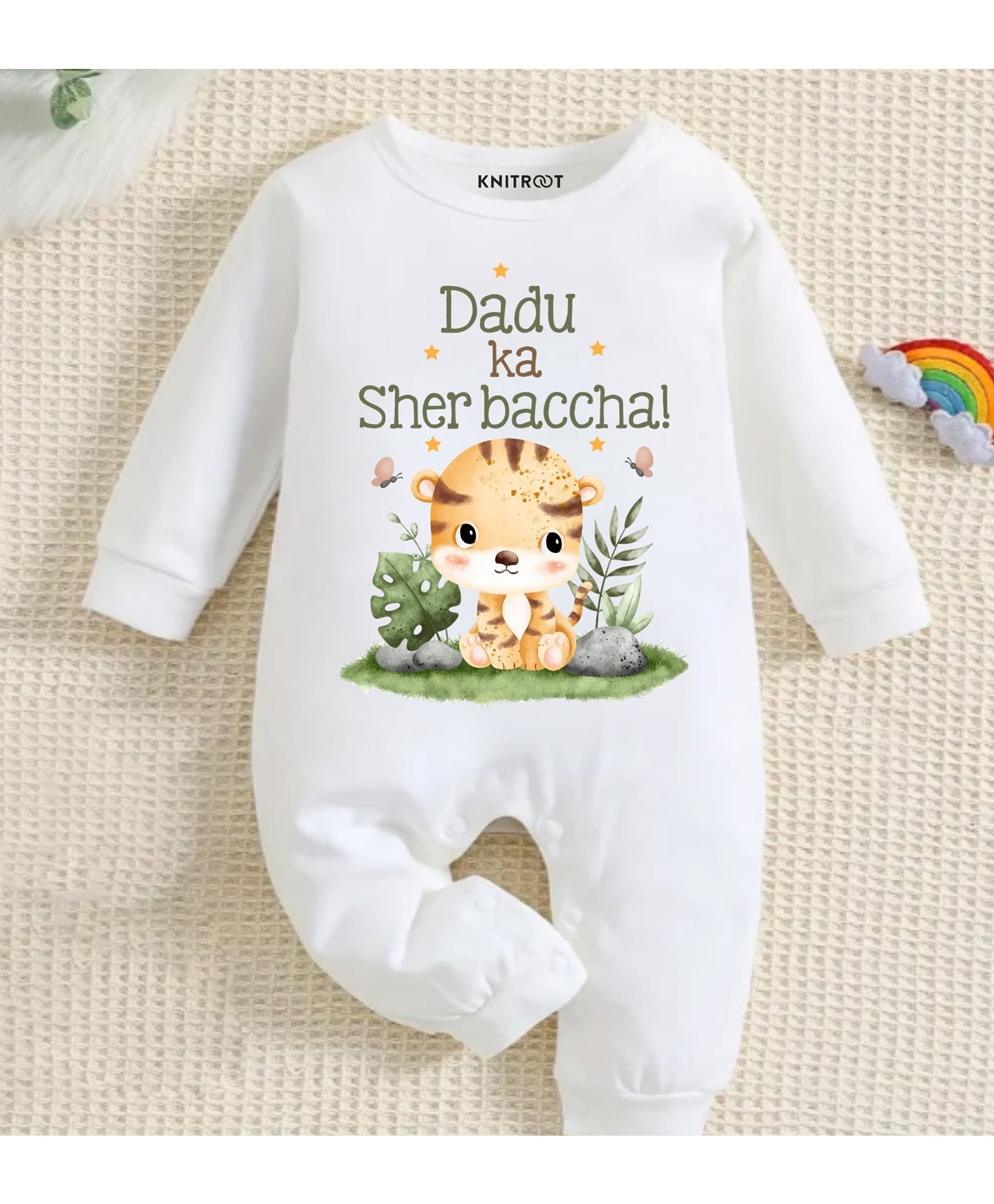 KNITROOT Cotton Full Sleeves Tiger & Text Printed Romper - White-image-49