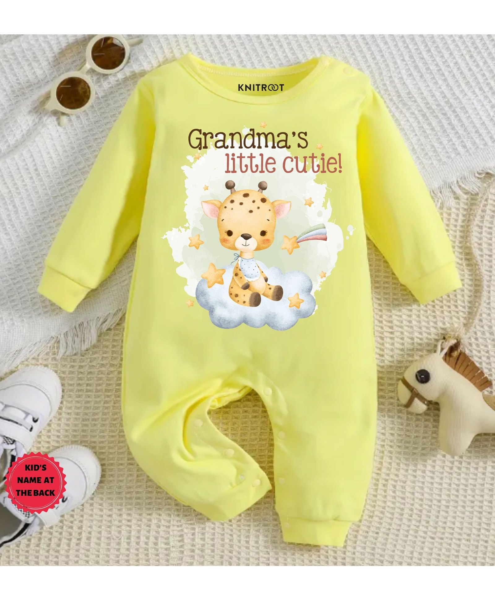 KNITROOT Cotton Full Sleeves Giraffe & Text Printed Romper - Yellow-image-12
