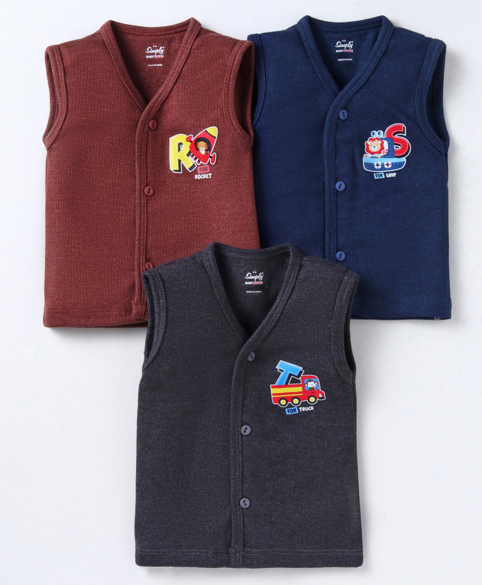 Simply Cotton Knit Sleeveless Front Open Vests AnimalPrint Pack of 3 - Brown Navy Blue & Black-image-39