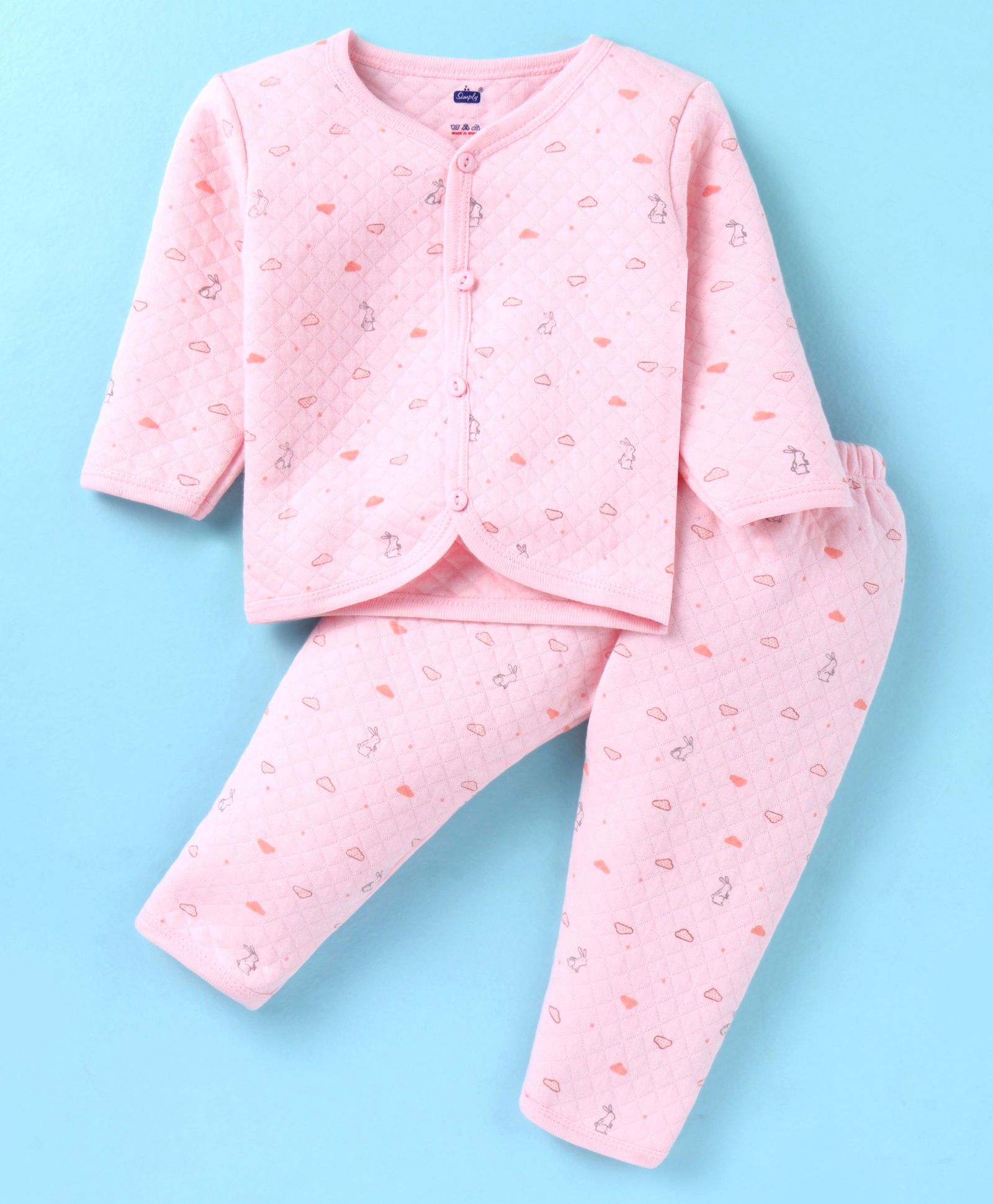 Simply Knit Full Sleeves Front Open Winter Wear Night Suit with Cloud Print - Baby Pink-image-19