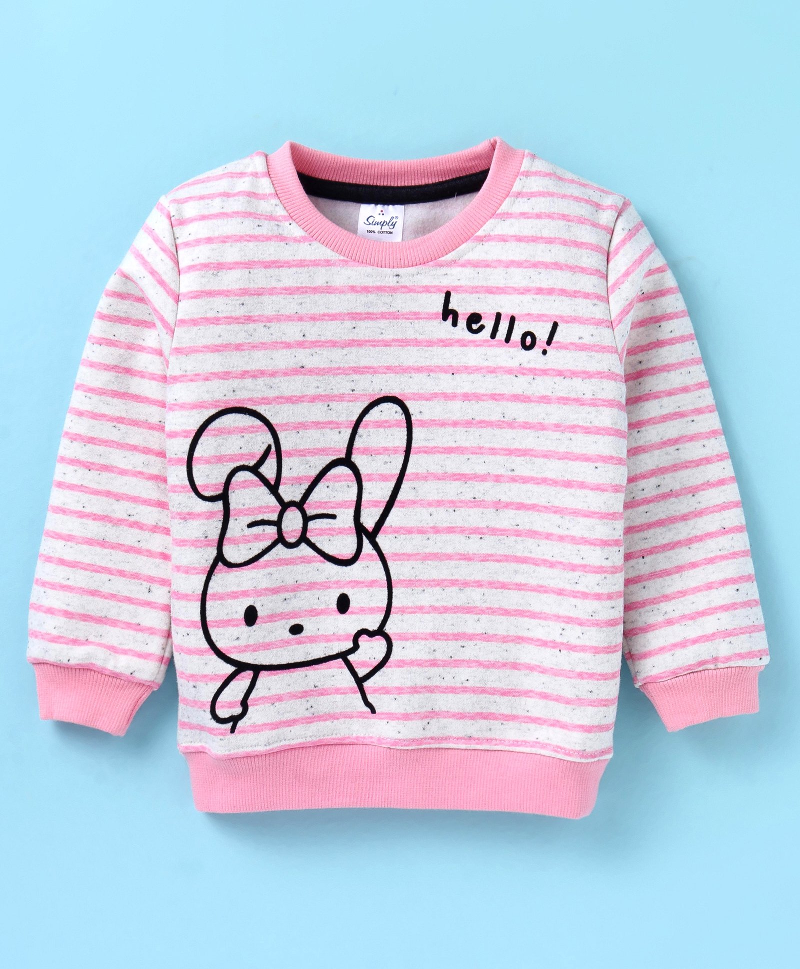 Simply Fleece Knitted Full Sleeves Striped Sweatshirt With Kitty Print - Pink-image-2