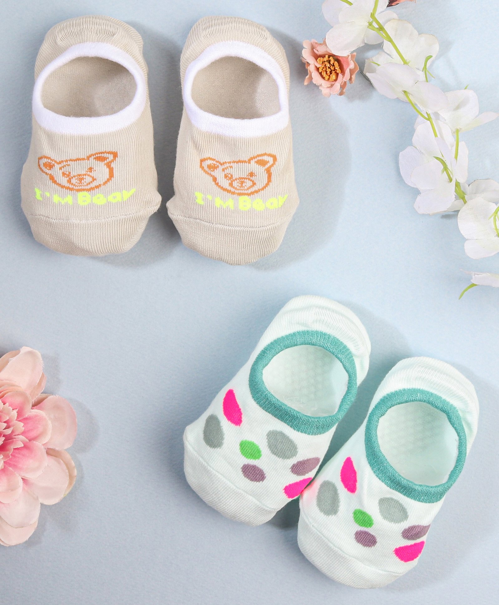 KIDLINGSS Pack Of 2 Bear & Pebbles Printed Loafer Socks - Green & Beige-picture-20