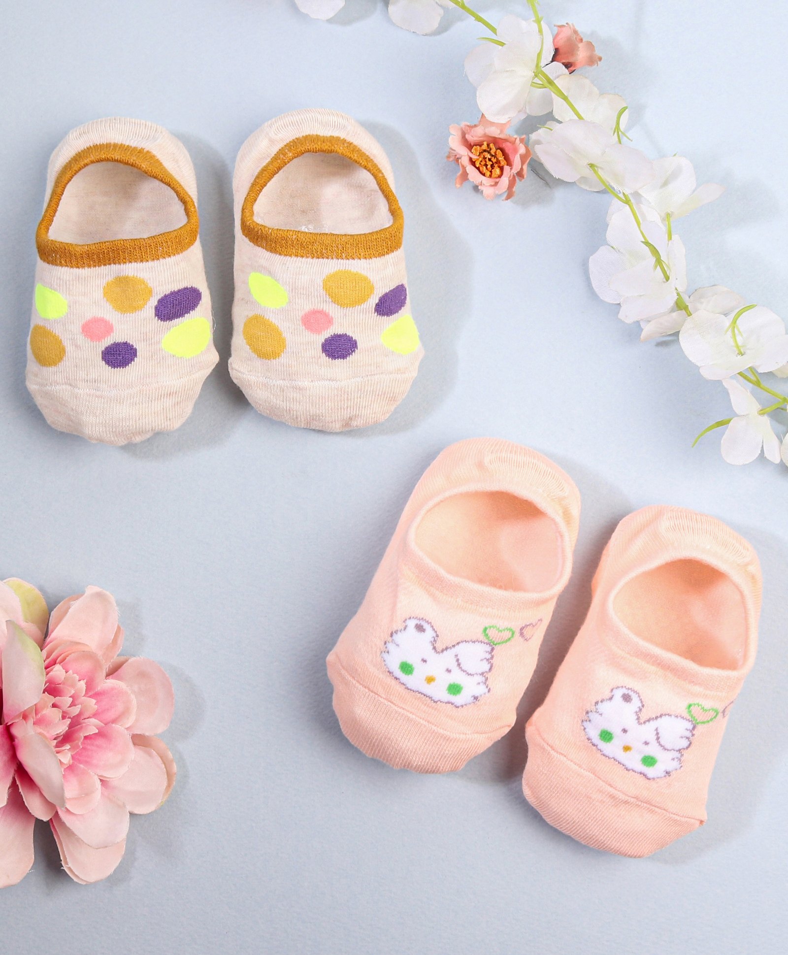 KIDLINGSS Pack Of 2 Pebbles & Cartoon Print Loafer Socks - Beige & Peach-picture-16