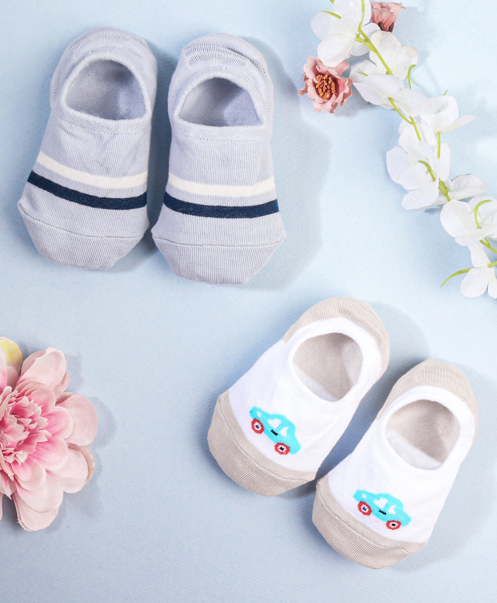 KIDLINGSS Pack Of 2 Striped & Car Printed Loafer Socks - White & Grey-picture-25