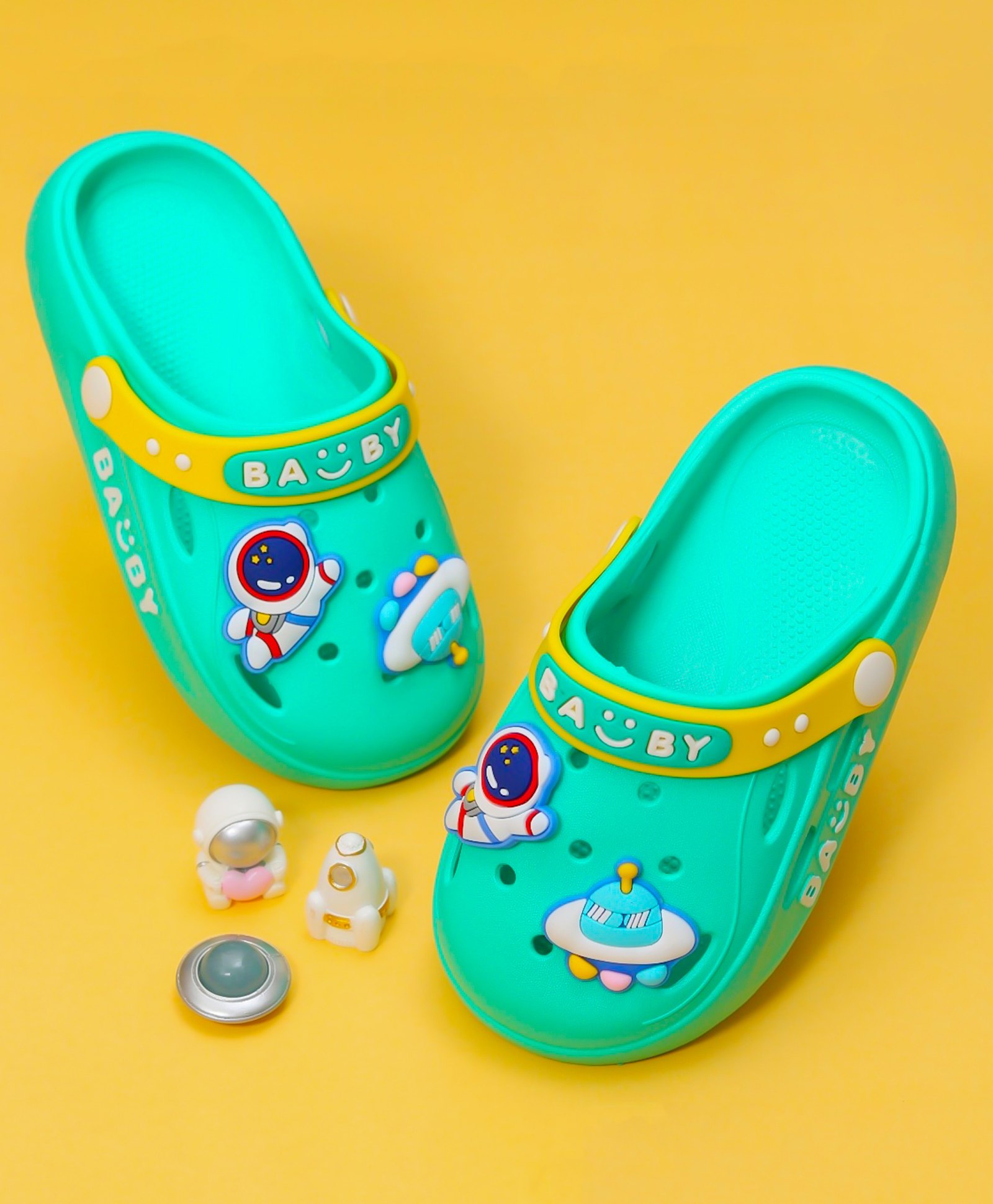 Yellow Bee Space Theme Applique Designed Clogs - Green-image-49