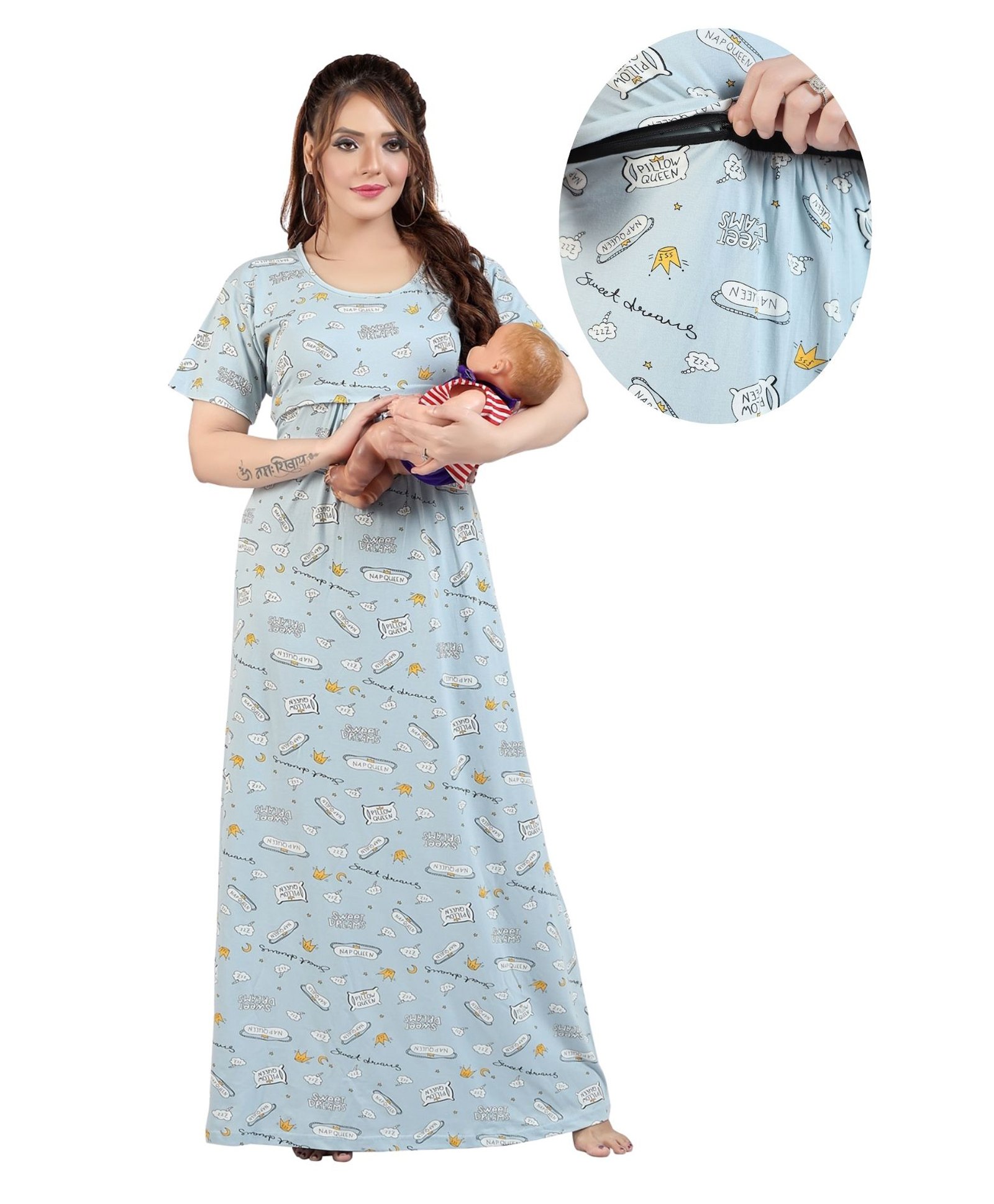 Fabme Pure Cotton Half Sleeves Typography Printed Night Dress With Concealed Zipper Nursing Access - Sea Green-image-5