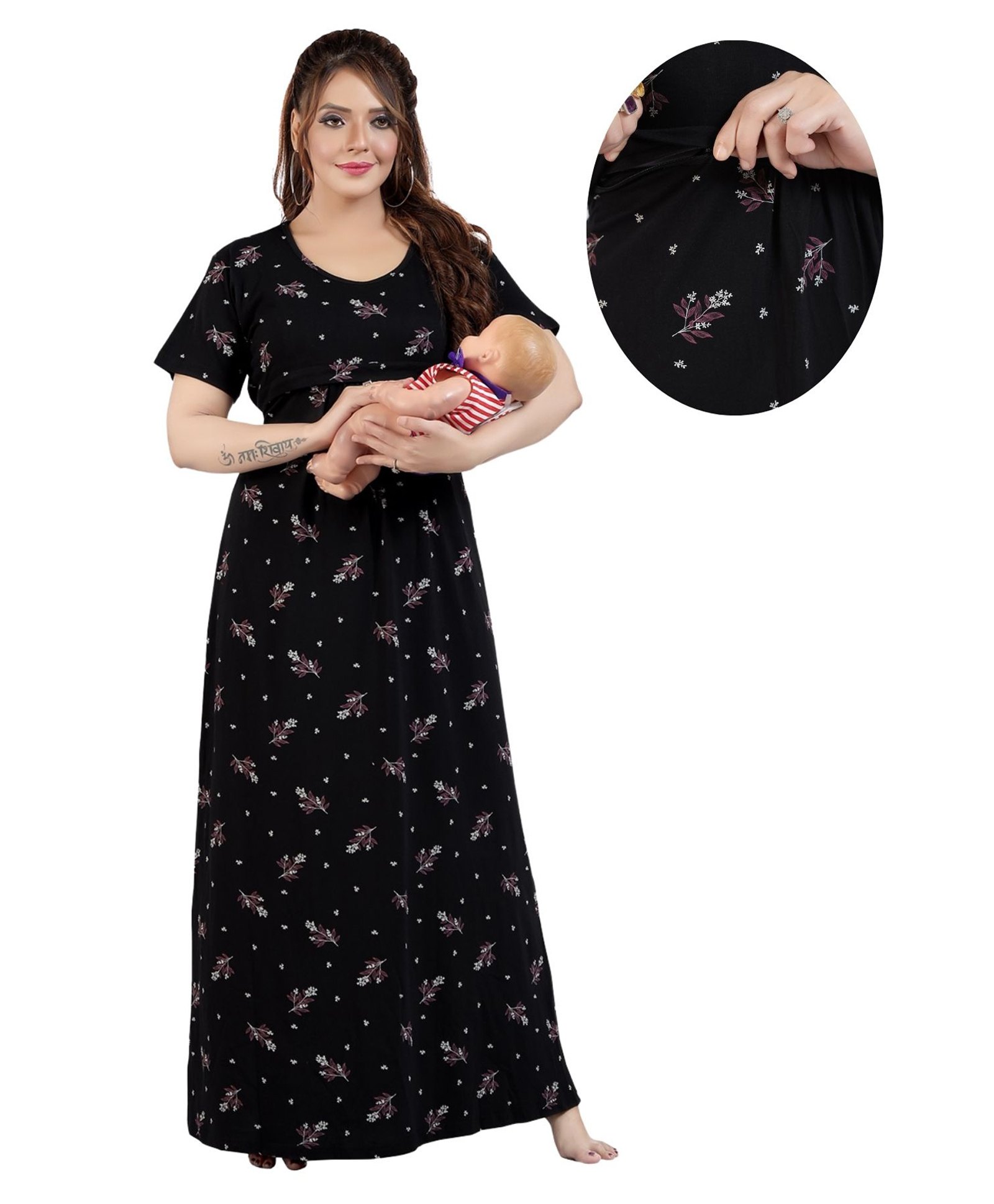 Fabme Pure Cotton Half Sleeves Floral Printed Night Dress With Concealed Zipper Nursing Access - Black-image-4