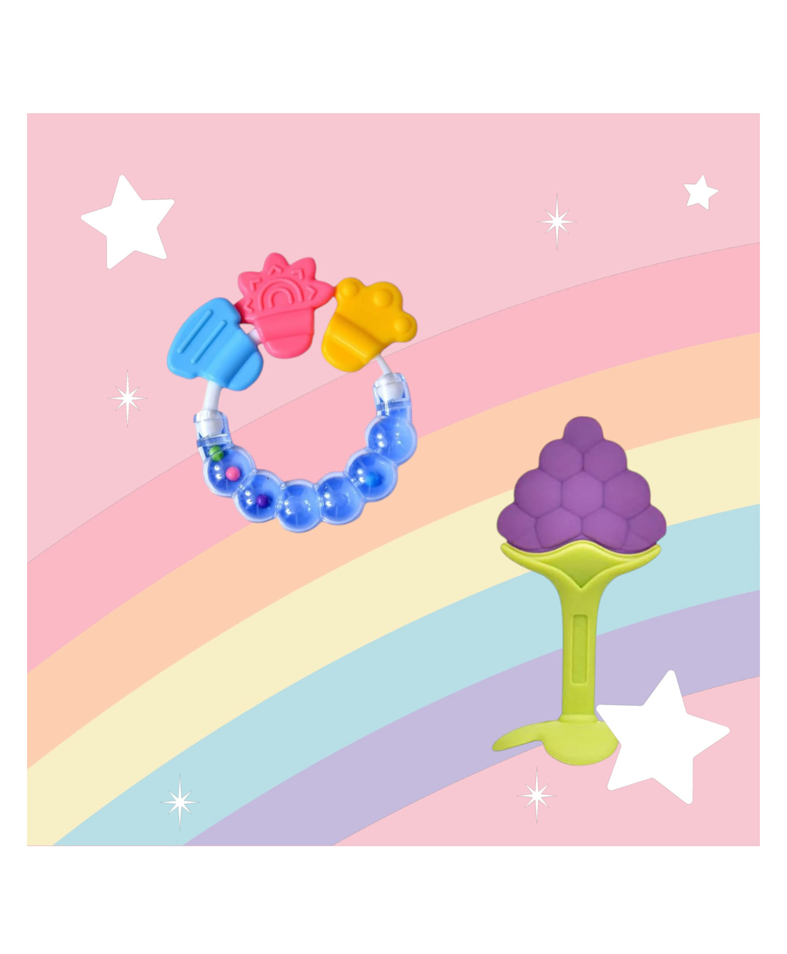 Joy Buzz Rattle Teether & Teether Combo | BPA-Free Silicone Rattle Teether & Teething Toy- Pack of 2 (Blue)-picture-19