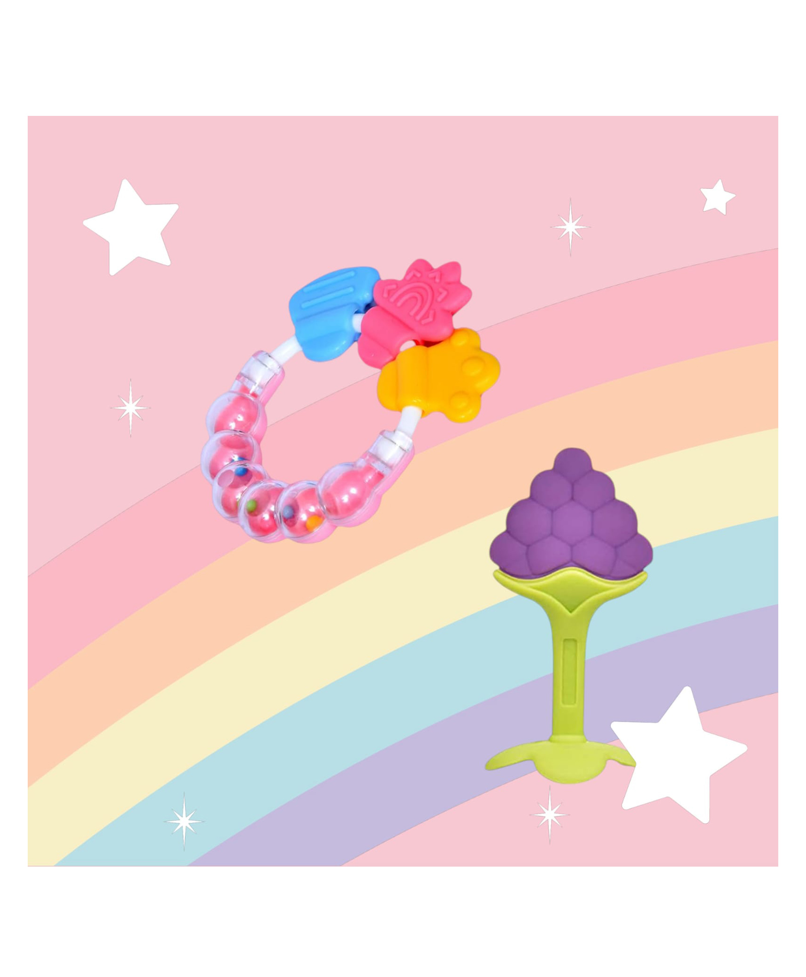 Joy Buzz Rattle Teether & Teether Combo | BPA-Free Silicone Rattle Teether & Teething Toy- Pack of 2 (Pink & Blue)-image-49