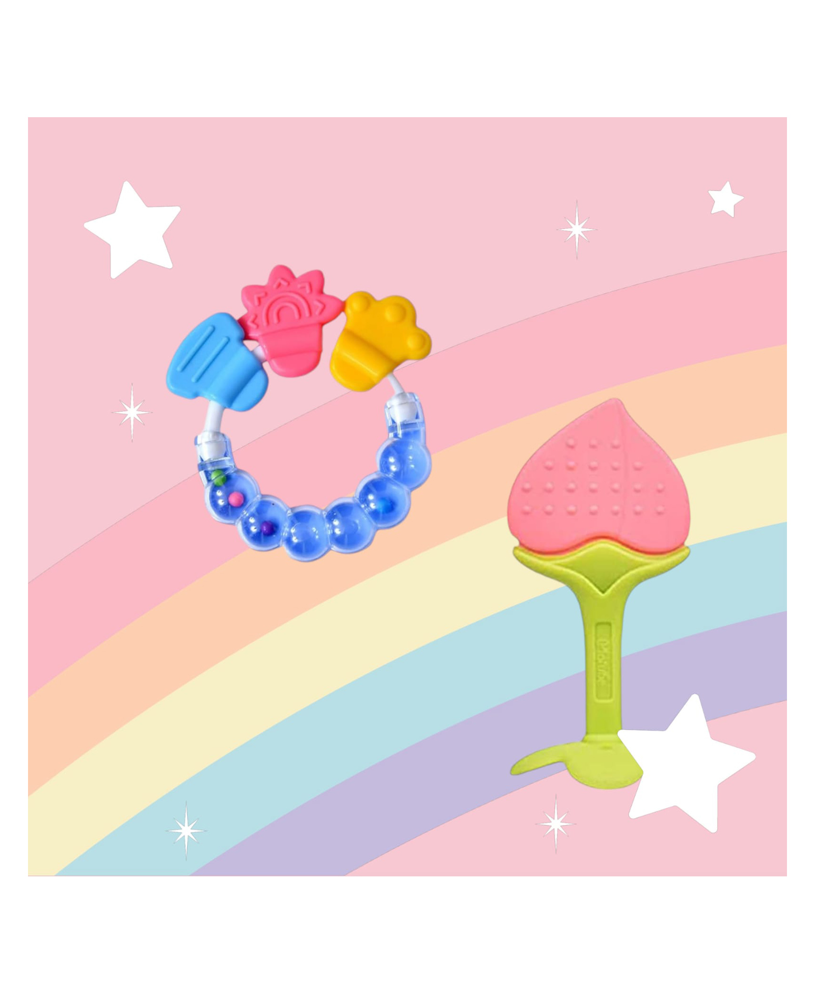 Joy Buzz Rattle Teether & Teether Combo | BPA-Free Silicone Rattle Teether & Teething Toy- Pack of 2 (Blue & Peach)-image-48