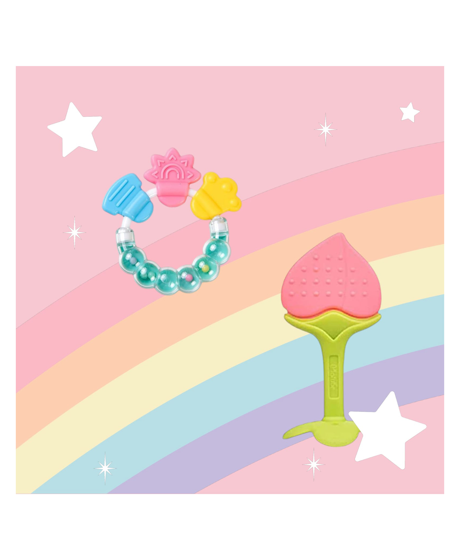 Joy Buzz Rattle Teether & Teether Combo | BPA-Free Silicone Rattle Teether & Teething Toy- Pack of 2 (Green & Peach)-picture-26