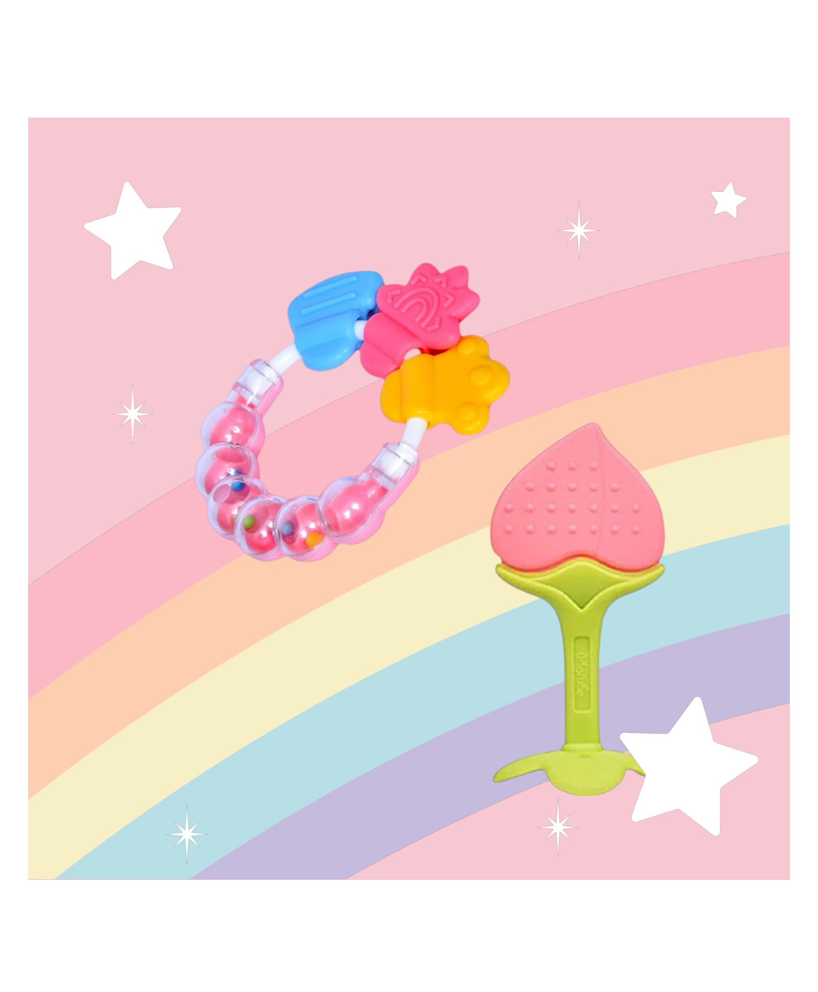 Joy Buzz Rattle Teether & Teether Combo | BPA-Free Silicone Rattle Teether & Teething Toy- Pack of 2 (Pink & Peach)-image-46