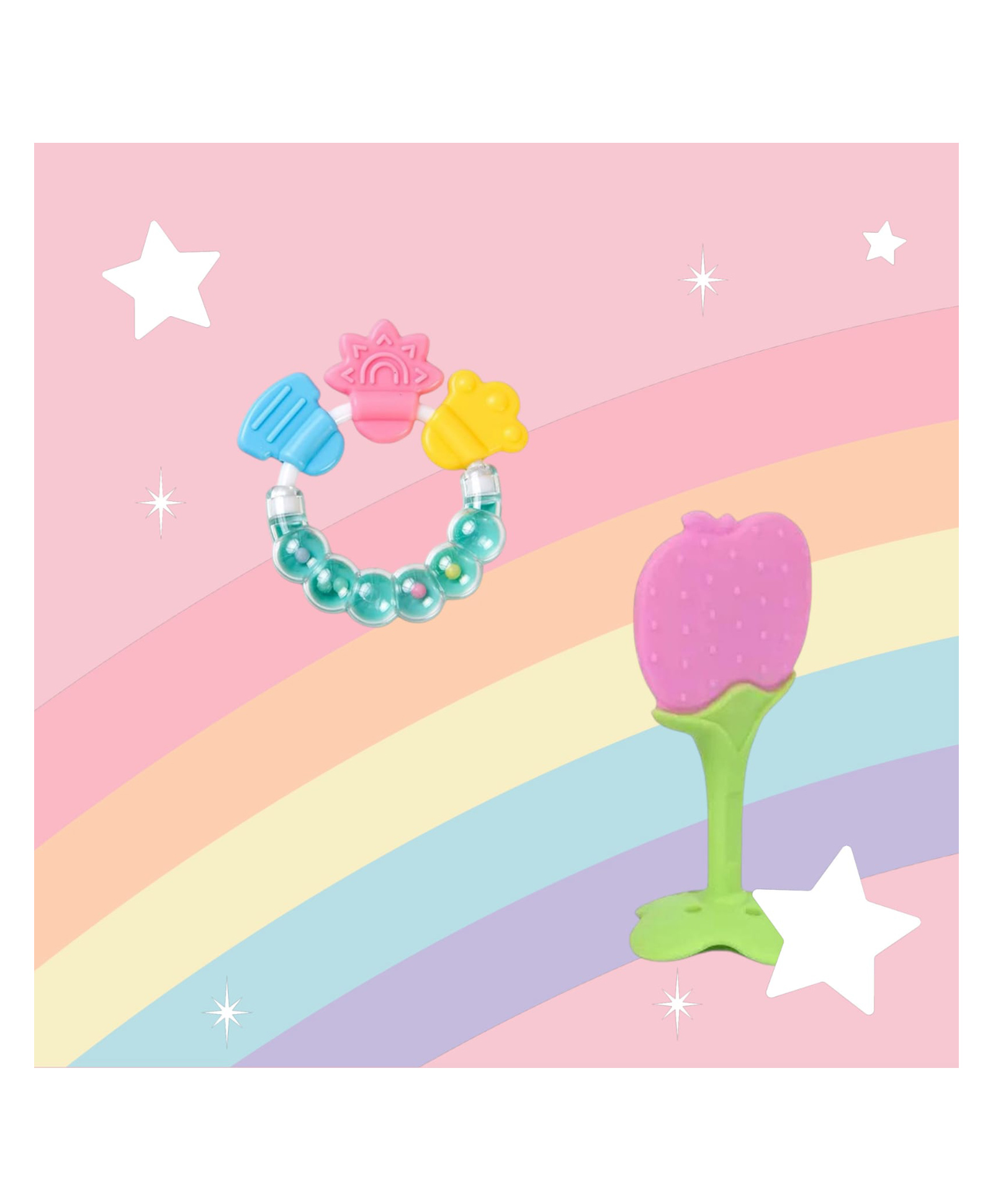 Joy Buzz Rattle Teether & Teether Combo | BPA-Free Silicone Rattle Teether & Teething Toy- Pack of 2 (Green & Pink)-picture-28