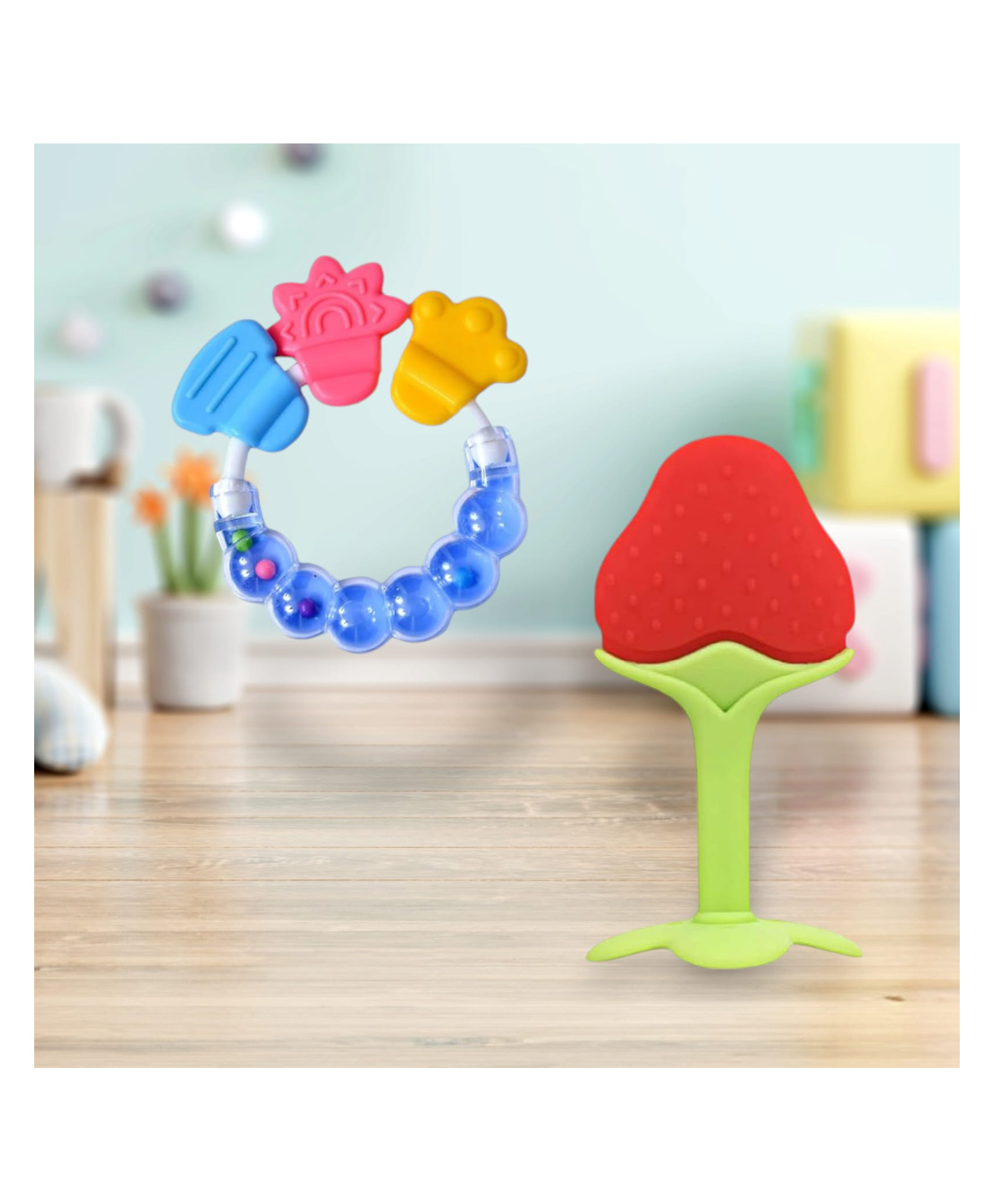 Joy Buzz Rattle Teether & Teether Combo | BPA-Free Silicone Rattle Teether & Teething Toy- Pack of 2 (Blue & Red)-picture-16