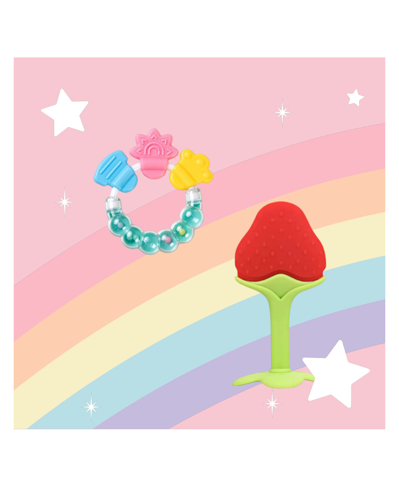 Joy Buzz Rattle Teether & Teether Combo | BPA-Free Silicone Rattle Teether & Teething Toy- Pack of 2 (Green & Red)-picture-25