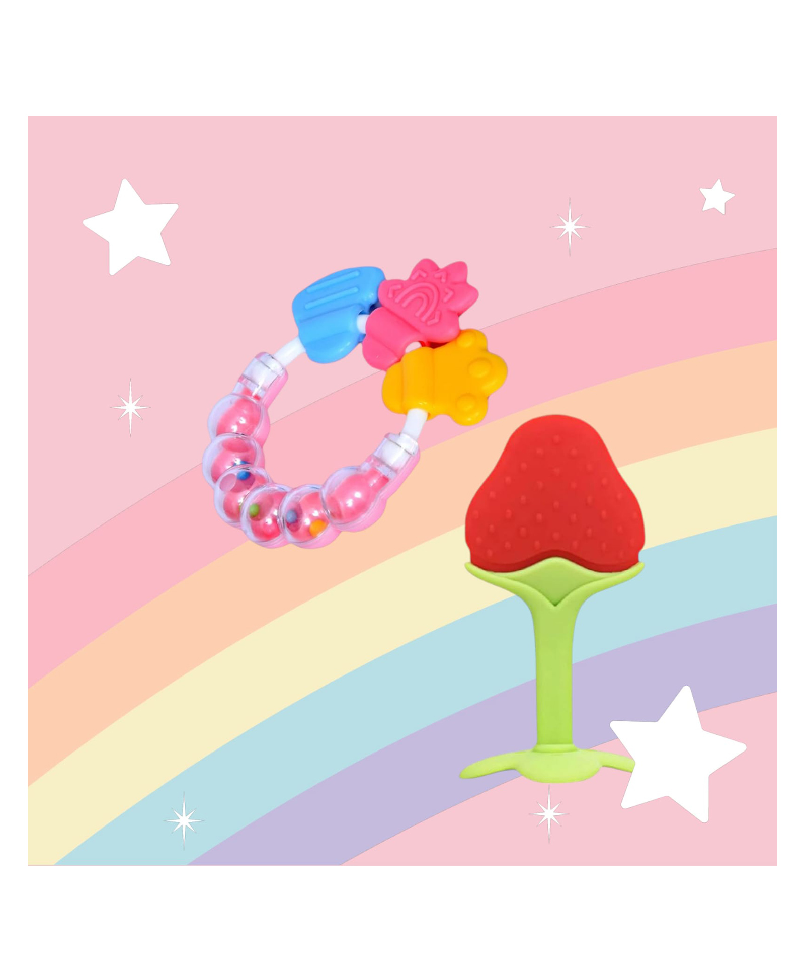 Joy Buzz Rattle Teether & Teether Combo | BPA-Free Silicone Rattle Teether & Teething Toy- Pack of 2 (Pink & Red)-image-43