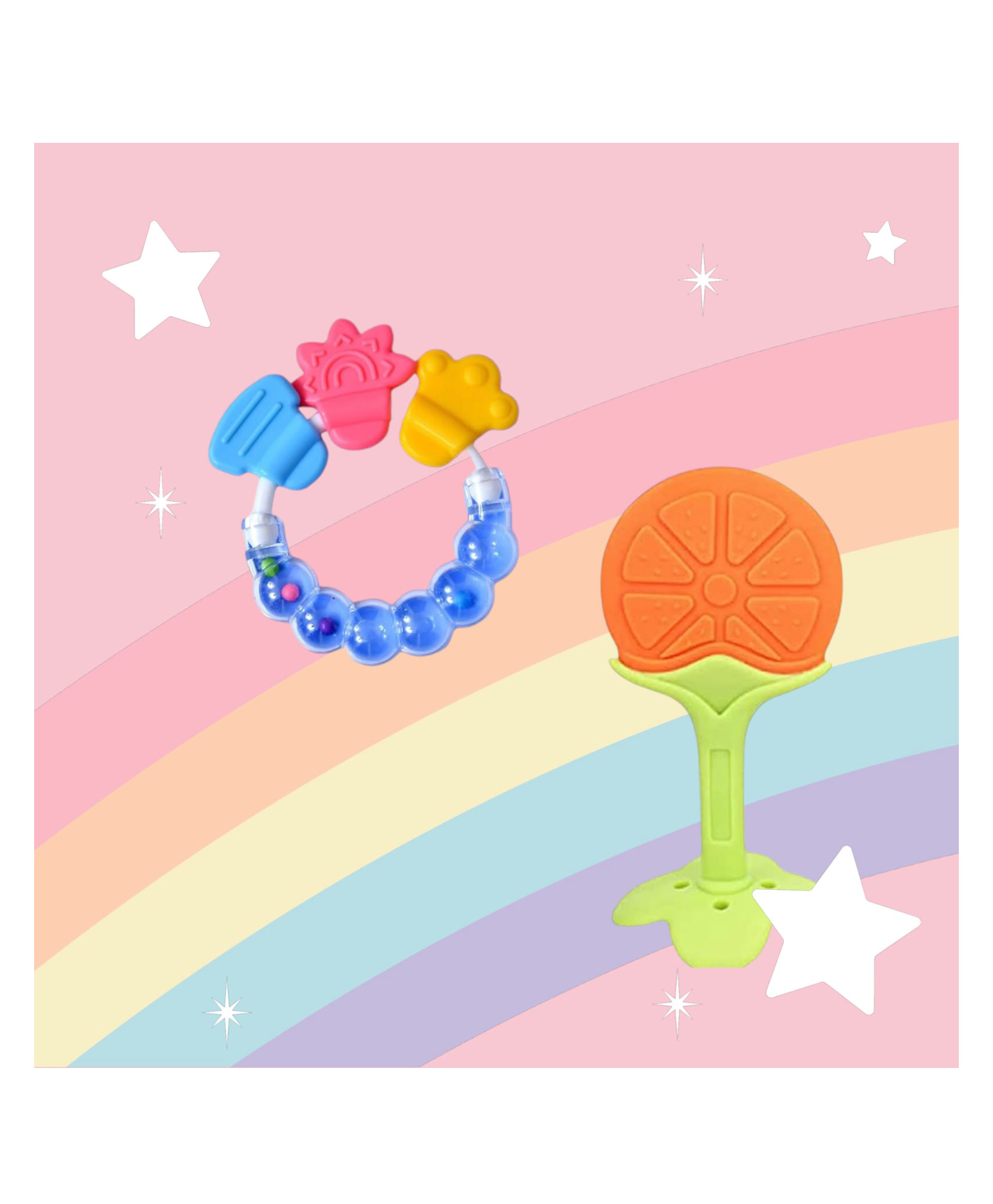 Joy Buzz Rattle Teether & Teether Combo | BPA-Free Silicone Rattle Teether & Teething Toy- Pack of 2 (Blue & Yellow)-image-42