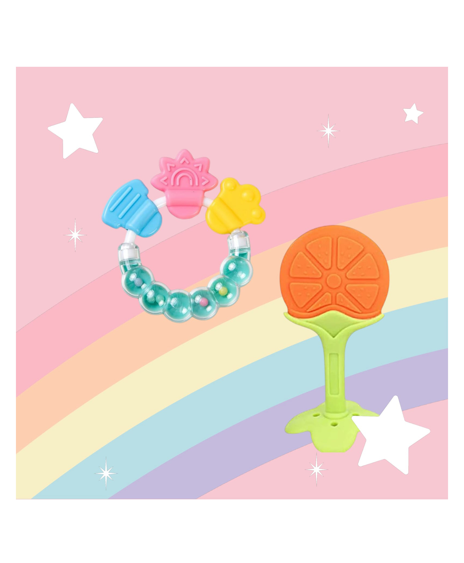 Joy Buzz Rattle Teether & Teether Combo | BPA-Free Silicone Rattle Teether & Teething Toy- Pack of 2 (Green & Yellow)-picture-24