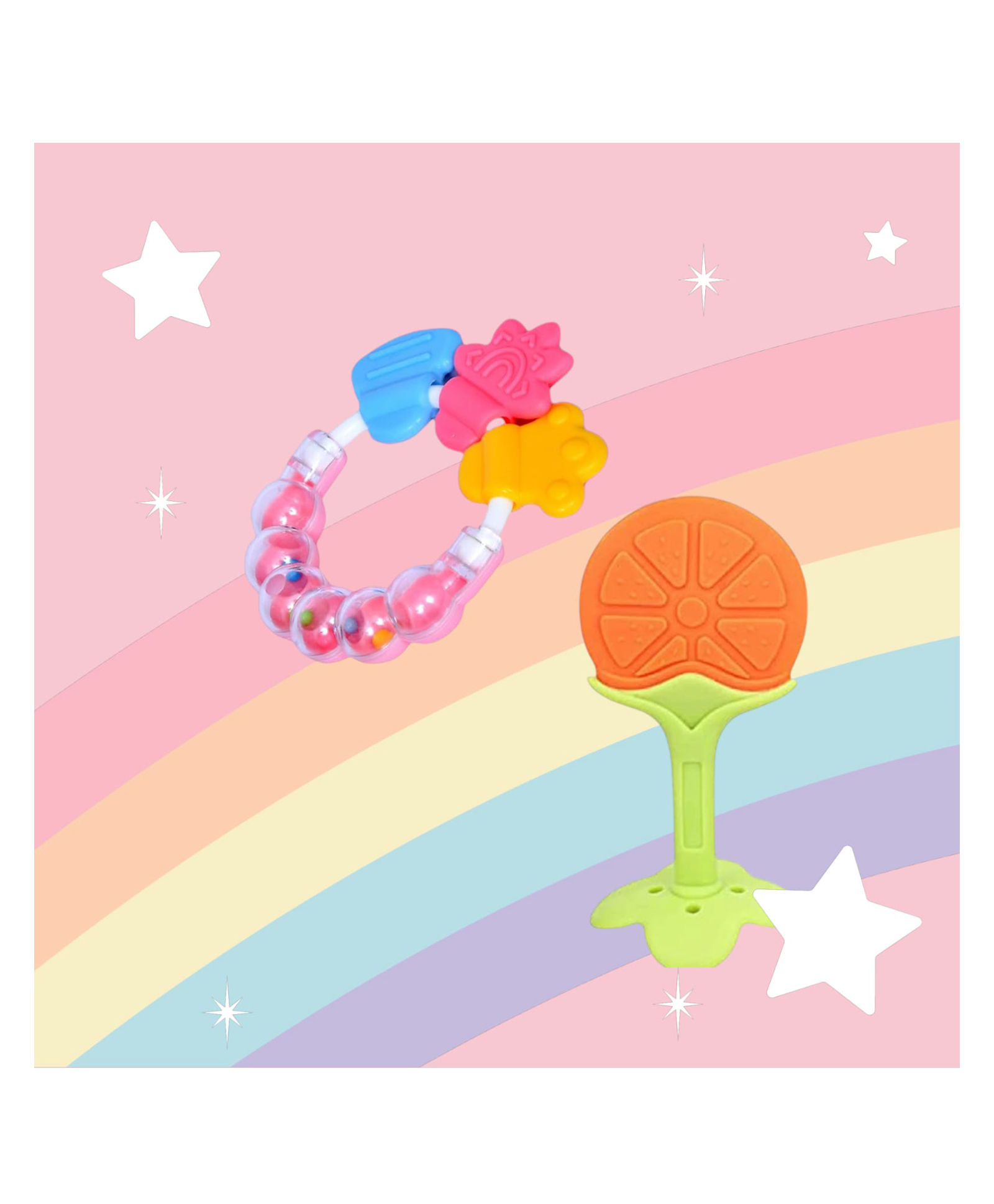 Joy Buzz Rattle Teether & Teether Combo | BPA-Free Silicone Rattle Teether & Teething Toy- Pack of 2 (Pink & Yellow)-image-12