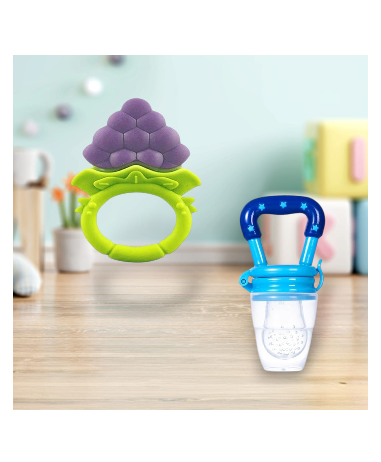 Joy Buzz Fruit Teether & Star Nibbler Combo | BPA-Free Silicone Teething Toys | Soft & Safe Baby Gum Massagers- Pack of 2 (Blue)-picture-4