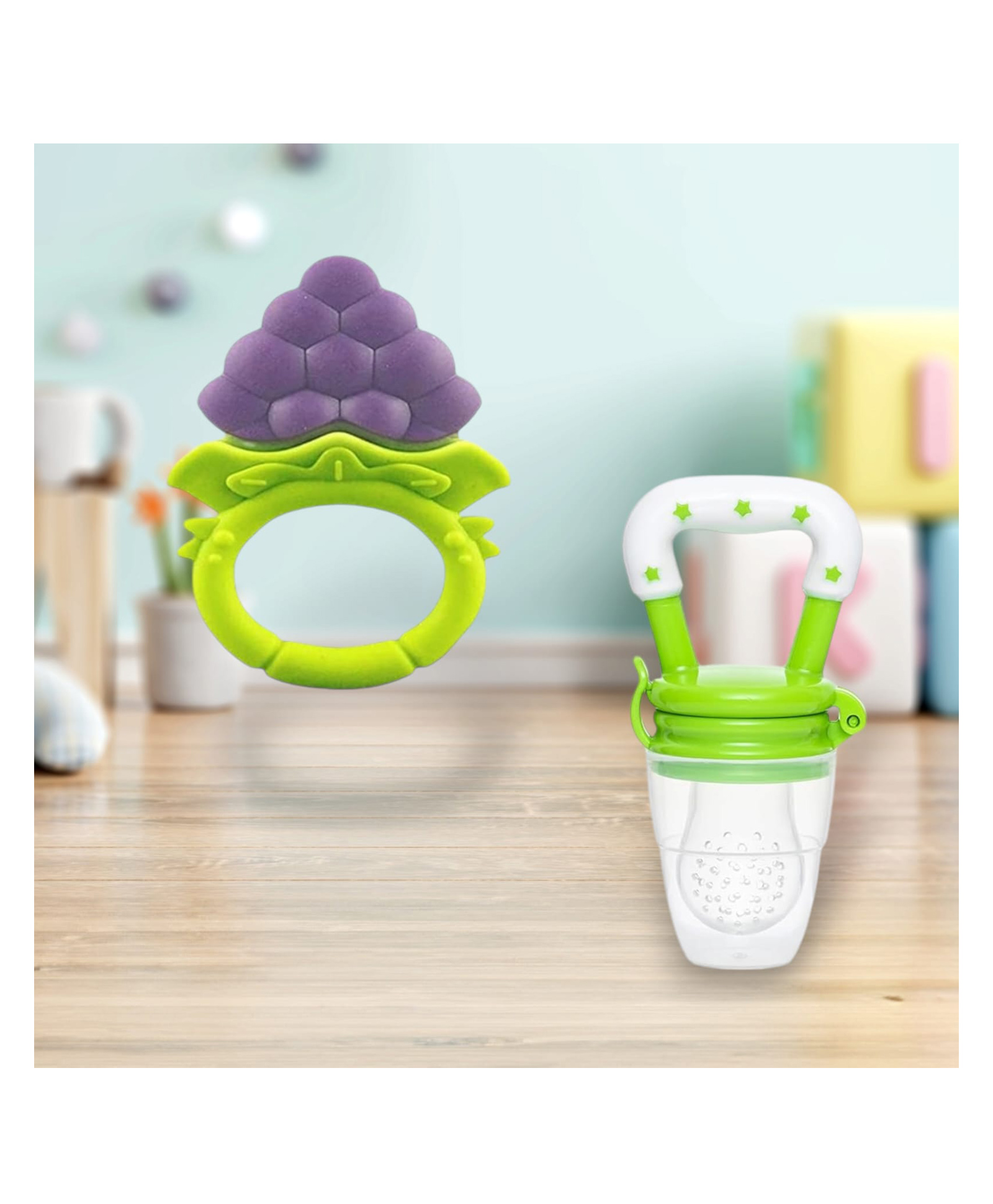 Joy Buzz Fruit Teether & Star Nibbler Combo | BPA-Free Silicone Teething Toys | Soft & Safe Baby Gum Massagers- Pack of 2 (Blue & Green)-picture-11