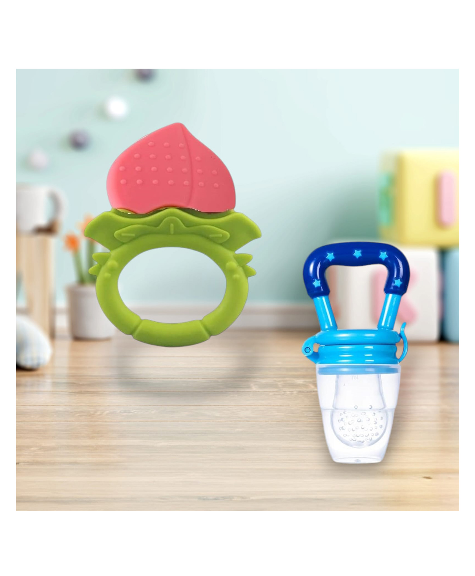 Joy Buzz Fruit Teether & Star Nibbler Combo | BPA-Free Silicone Teething Toys | Soft & Safe Baby Gum Massagers- Pack of 2 (Peach & Blue)-picture-8
