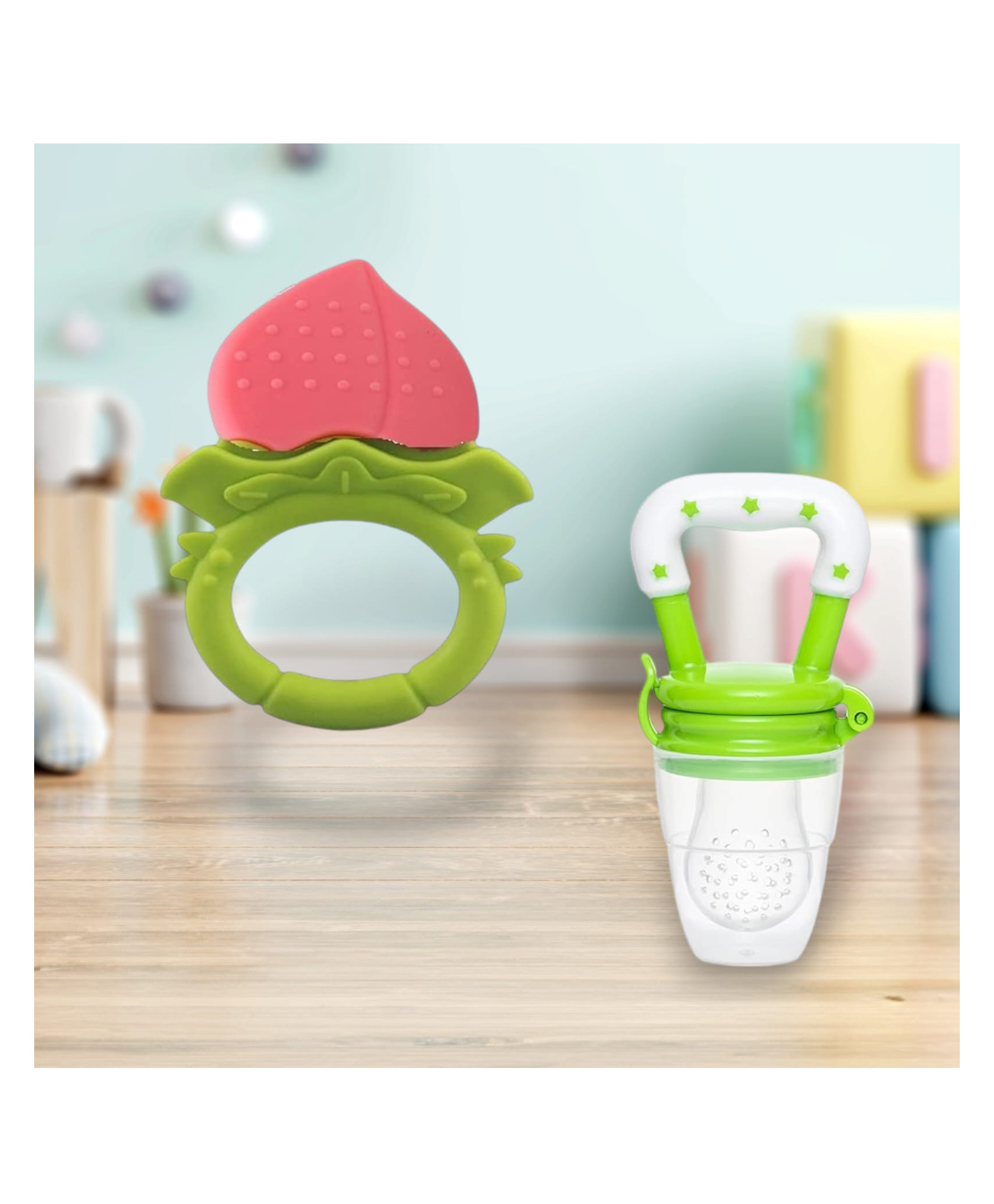 Joy Buzz Fruit Teether & Star Nibbler Combo | BPA-Free Silicone Teething Toys | Soft & Safe Baby Gum Massagers- Pack of 2 (Peach & Green)-picture-32