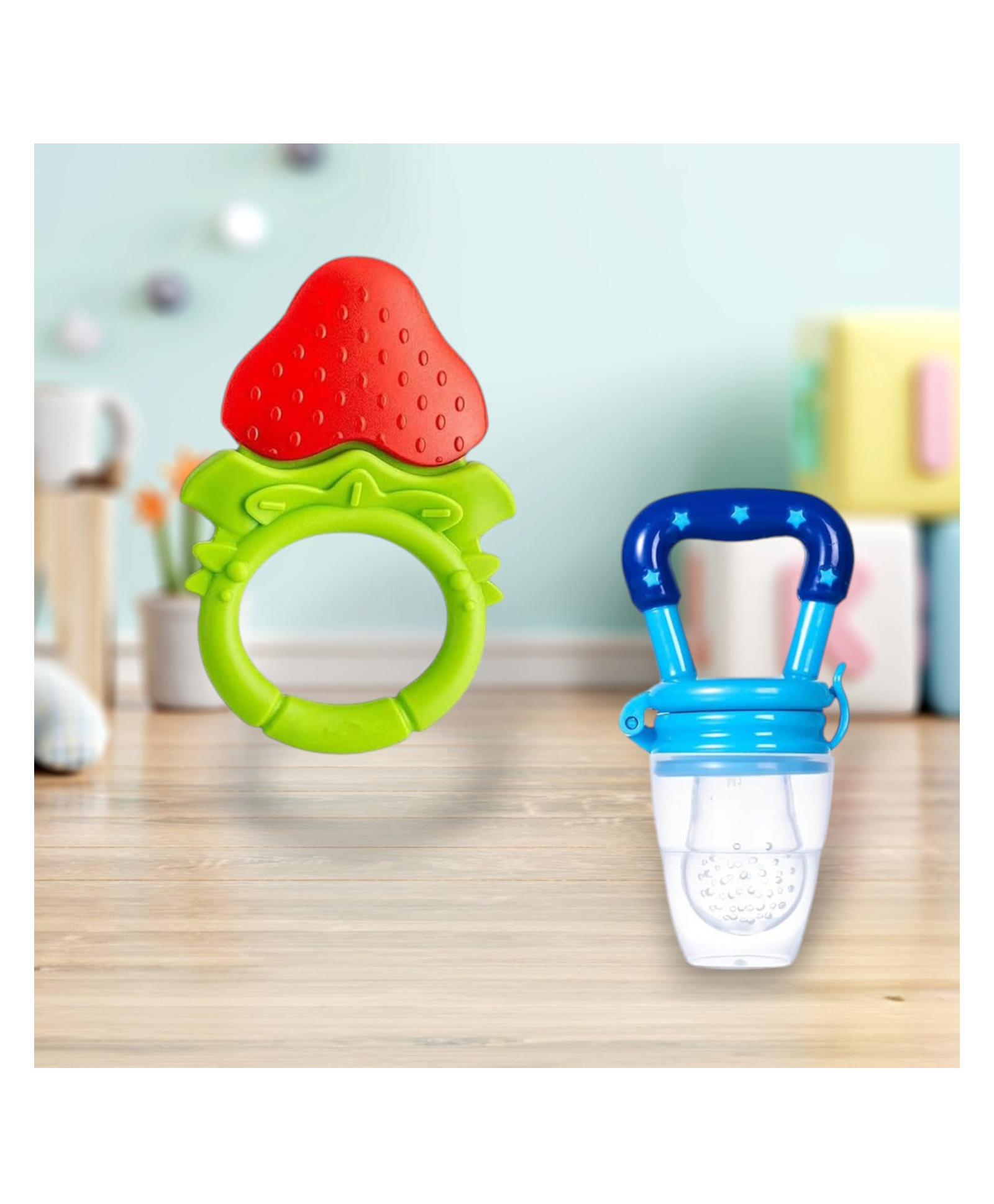 Joy Buzz Fruit Teether & Star Nibbler Combo | BPA-Free Silicone Teething Toys | Soft & Safe Baby Gum Massagers- Pack of 2 (Red & Blue)-picture-12