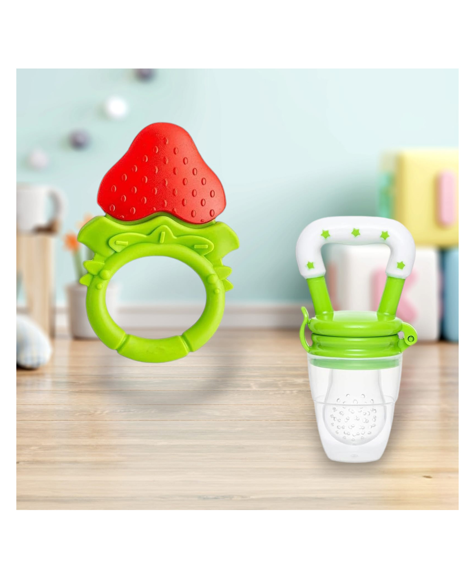 Joy Buzz Fruit Teether & Star Nibbler Combo | BPA-Free Silicone Teething Toys | Soft & Safe Baby Gum Massagers- Pack of 2 (Red & Green)-picture-33