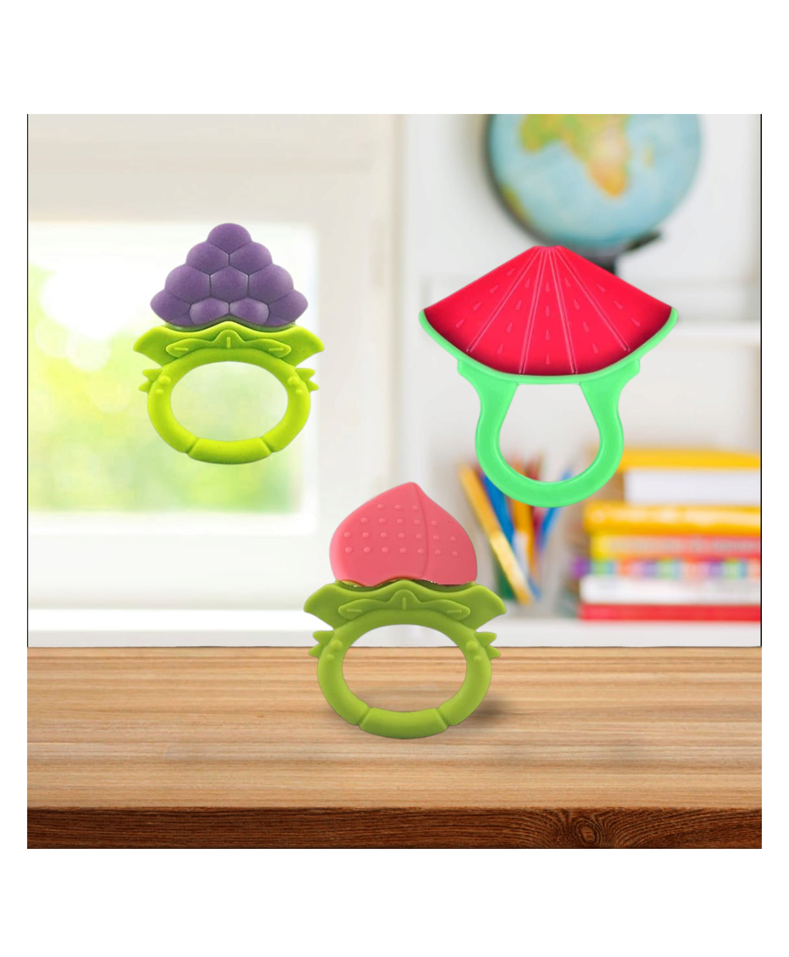 Joy Buzz Fruit Shape Teether (Set of 3) | Soft & Safe Fruit-Shaped Baby Teether | BPA-Free Silicone | Multi-Colour Teething Toy for Infants (Blue & Peach & Red)-image-6
