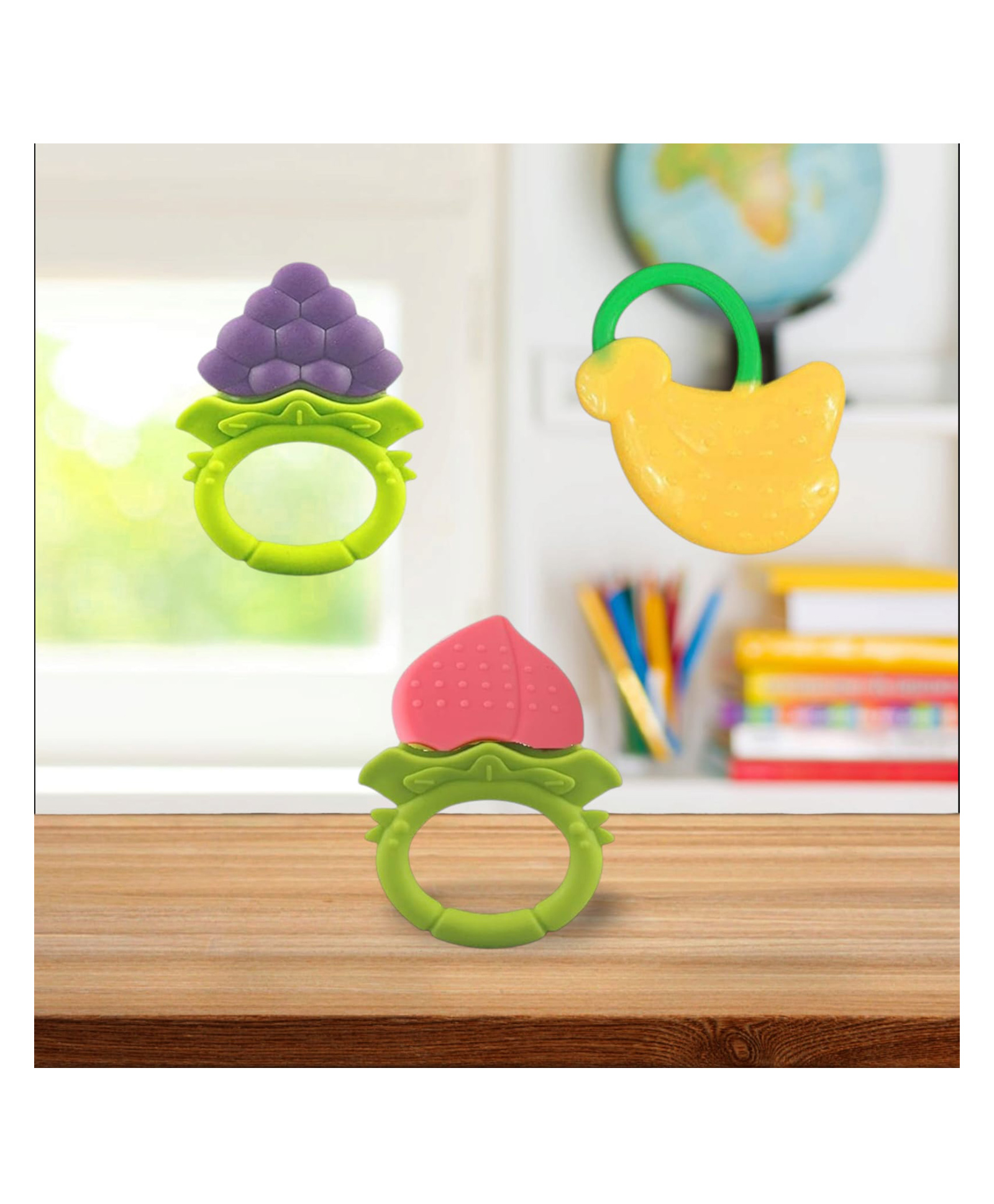 Joy Buzz Fruit Shape Teether (Set of 3) | Soft & Safe Fruit-Shaped Baby Teether | BPA-Free Silicone | Multi-Colour Teething Toy for Infants (Blue & Peach & Yellow)-image-34