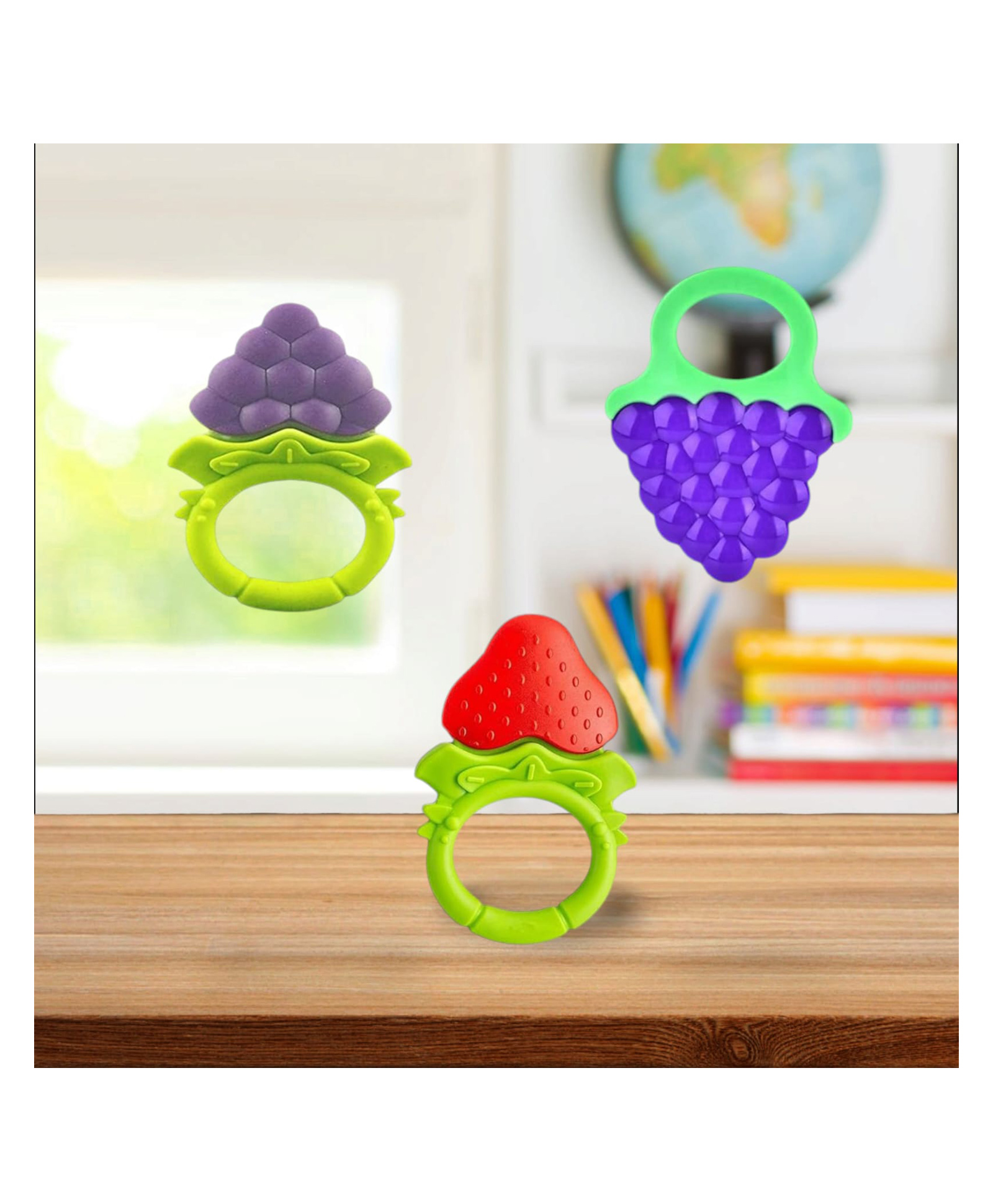 Joy Buzz Fruit Shape Teether (Set of 3) | Soft & Safe Fruit-Shaped Baby Teether | BPA-Free Silicone | Multi-Colour Teething Toy for Infants (Blue & Red & Blue)-picture-12