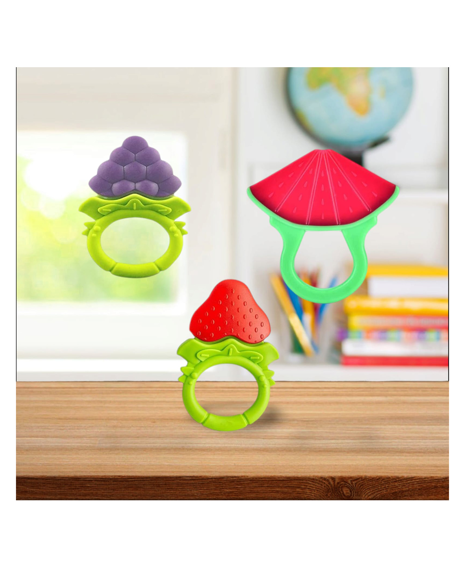 Joy Buzz Fruit Shape Teether (Set of 3) | Soft & Safe Fruit-Shaped Baby Teether | BPA-Free Silicone | Multi-Colour Teething Toy for Infants (Blue & Red & Red)-picture-15