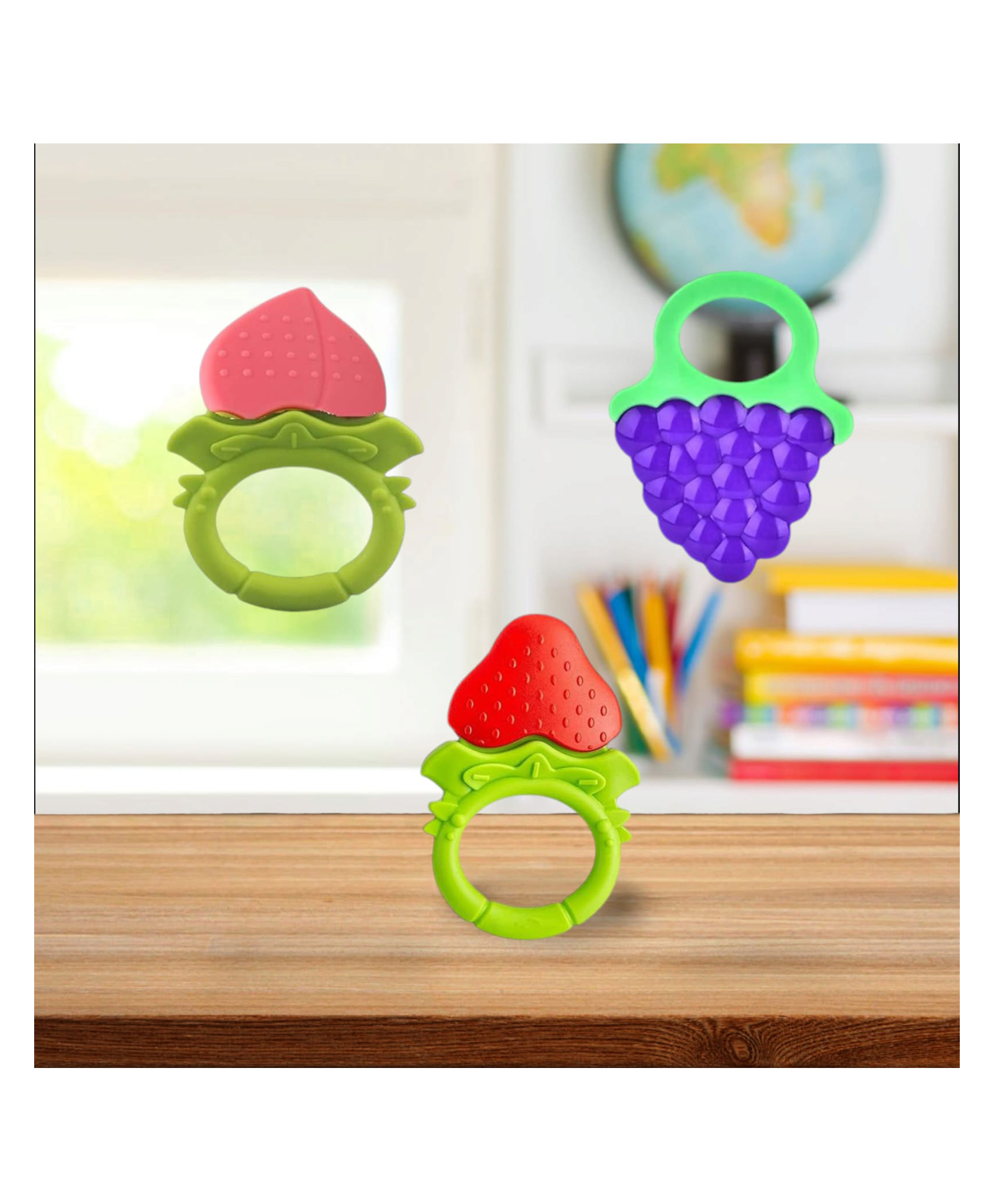 Joy Buzz Fruit Shape Teether (Set of 3) | Soft & Safe Fruit-Shaped Baby Teether | BPA-Free Silicone | Multi-Colour Teething Toy for Infants (Peach & Red & Blue)-image-33