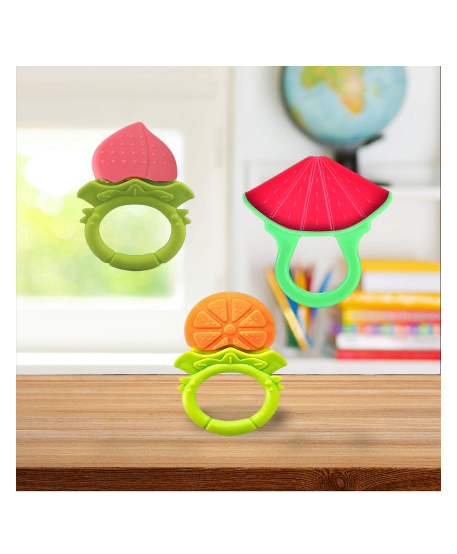 Joy Buzz Fruit Shape Teether (Set of 3) | Soft & Safe Fruit-Shaped Baby Teether | BPA-Free Silicone | Multi-Colour Teething Toy for Infants (Peach & Yellow & Red)-image-36