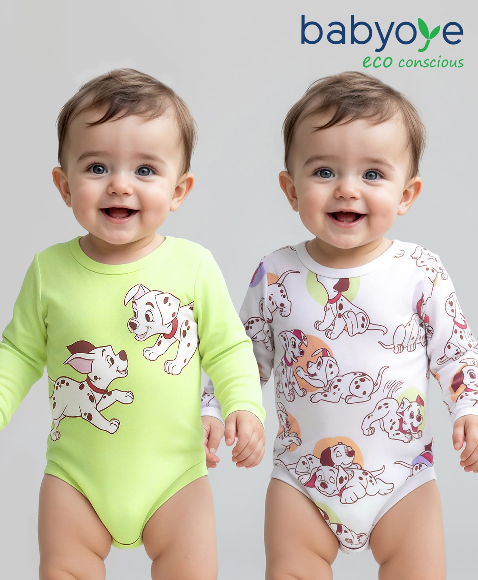 Babyoye Disney Interlock Knit Full Sleeves Onesie with 101 Dalmatians Graphics Pack of 2 White & Lime Green-image-20