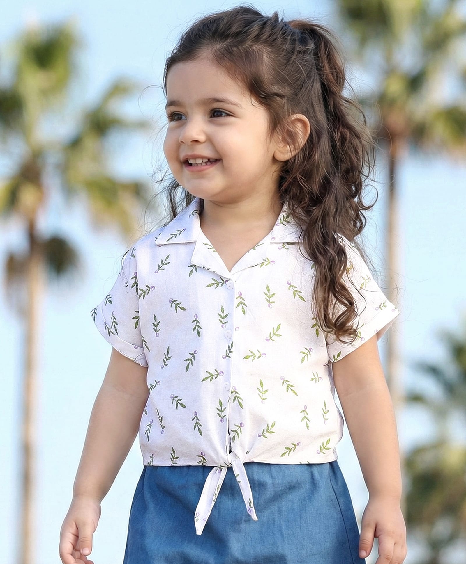 Babyhug Rayon Woven Half Sleeves Collared Top with Leaves Print - White